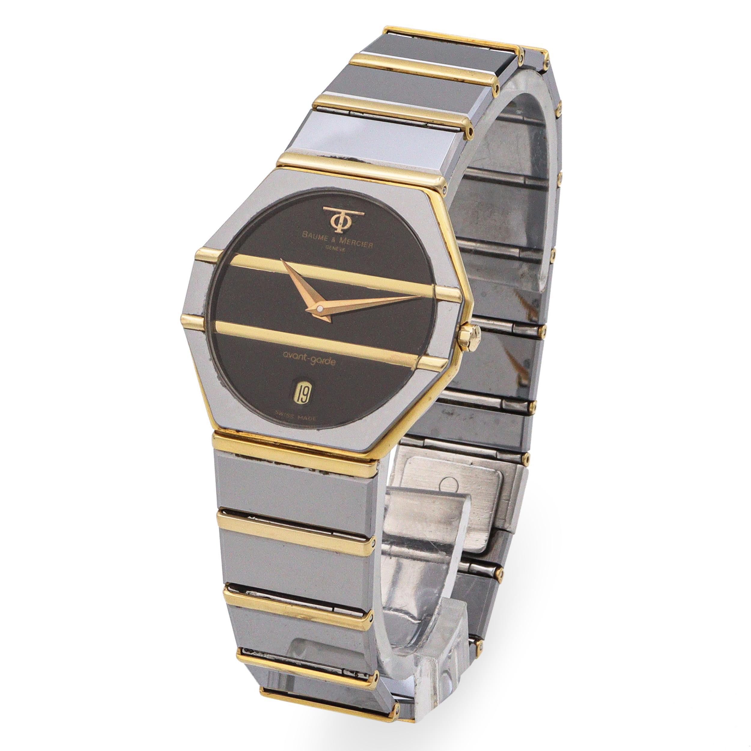 A striking example of 1980s design innovation, this Baume & Mercier Avant Garde watch (Ref. 5138.038) embodies sleek minimalism with a distinctive geometric flair. The hexagonal stainless steel case is accented with gold-tone trim, seamlessly