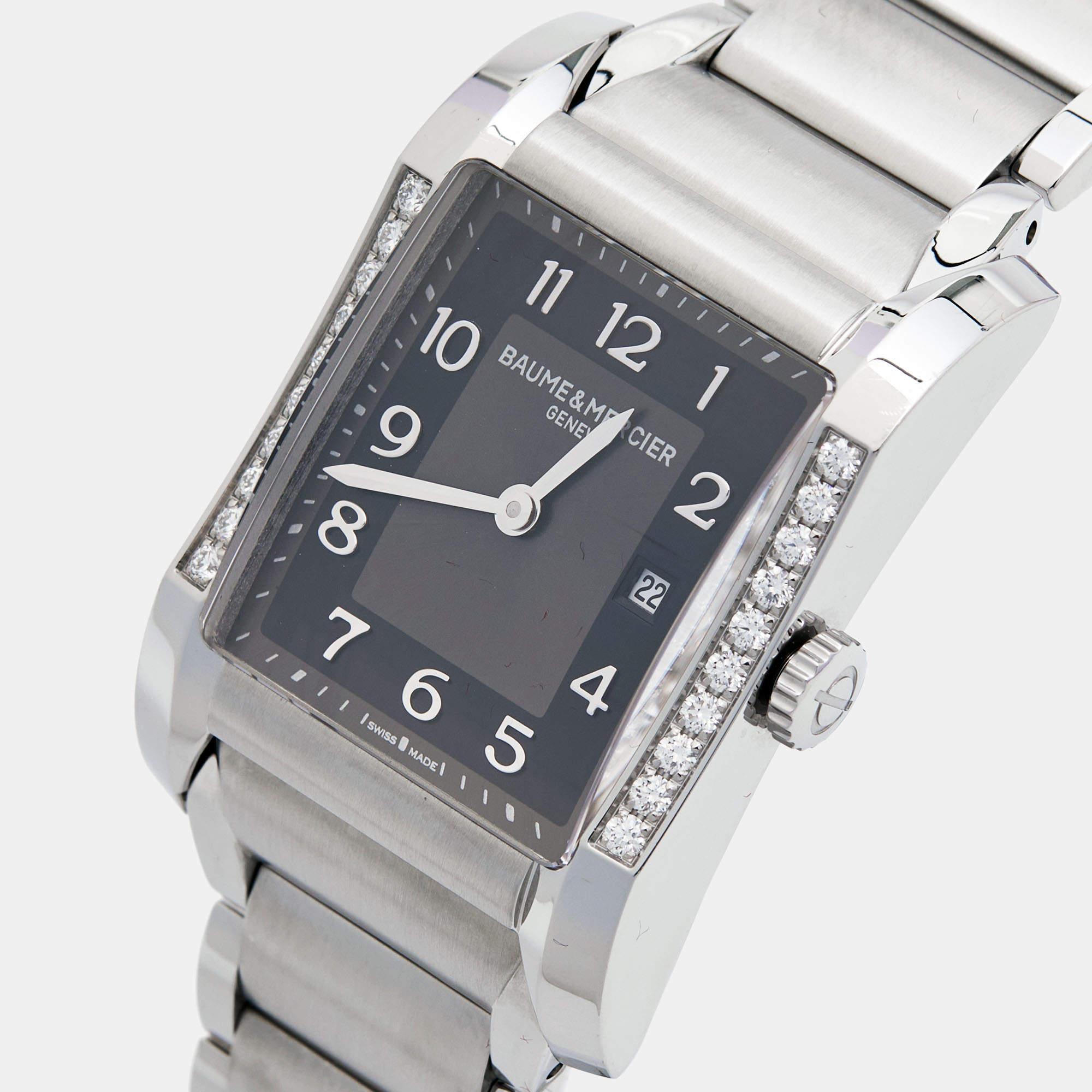 Uncut Baume & Mercier Black Stainless Steel Diamond Hampton 65694 Women's Wristwatch  For Sale