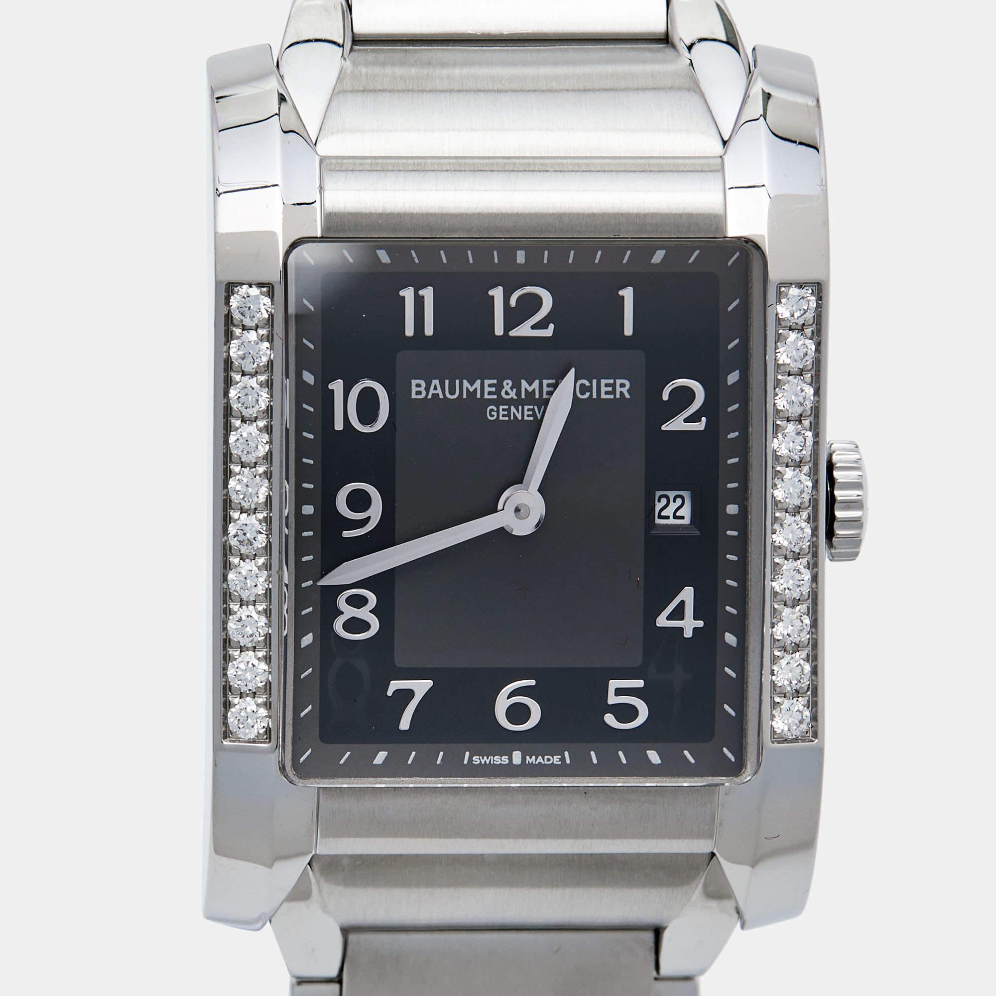 Baume & Mercier Black Stainless Steel Diamond Hampton 65694 Women's Wristwatch  For Sale 2