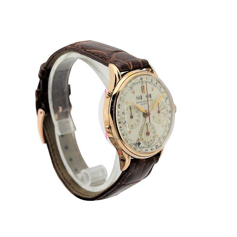 FACTORY / HOUSE: Baume & Mercier / by Wakmann 
STYLE / REFERENCE: Art Deco 
METAL / MATERIAL: 18Kt. Rose Gold
DIMENSIONS:  42mm  X  36mm
CIRCA: 1940's
MOVEMENT / CALIBER: Manual Winding / 17 Jewels / Valjoux 
DIAL / HANDS: Original Triangle Markers