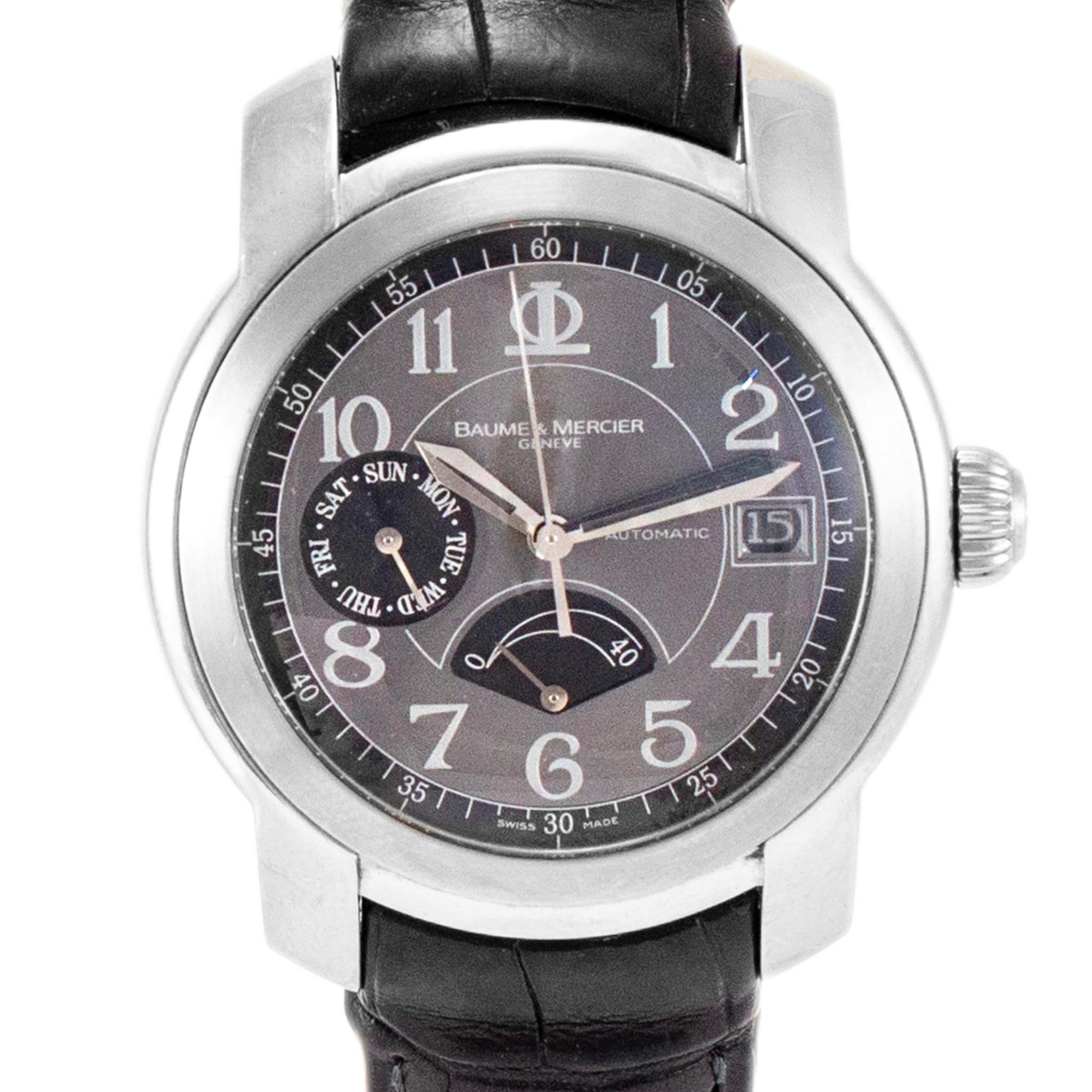 Brand: Baume & Mercier

Gender: Men

Metal Type: Stainless Steel

Diameter: 39.00 mm

Weight: 80.84 grams

One men's stainless steel BAUME & MERCIER Swiss-made watch. The metal was tested and determined to be stainless steel. The 