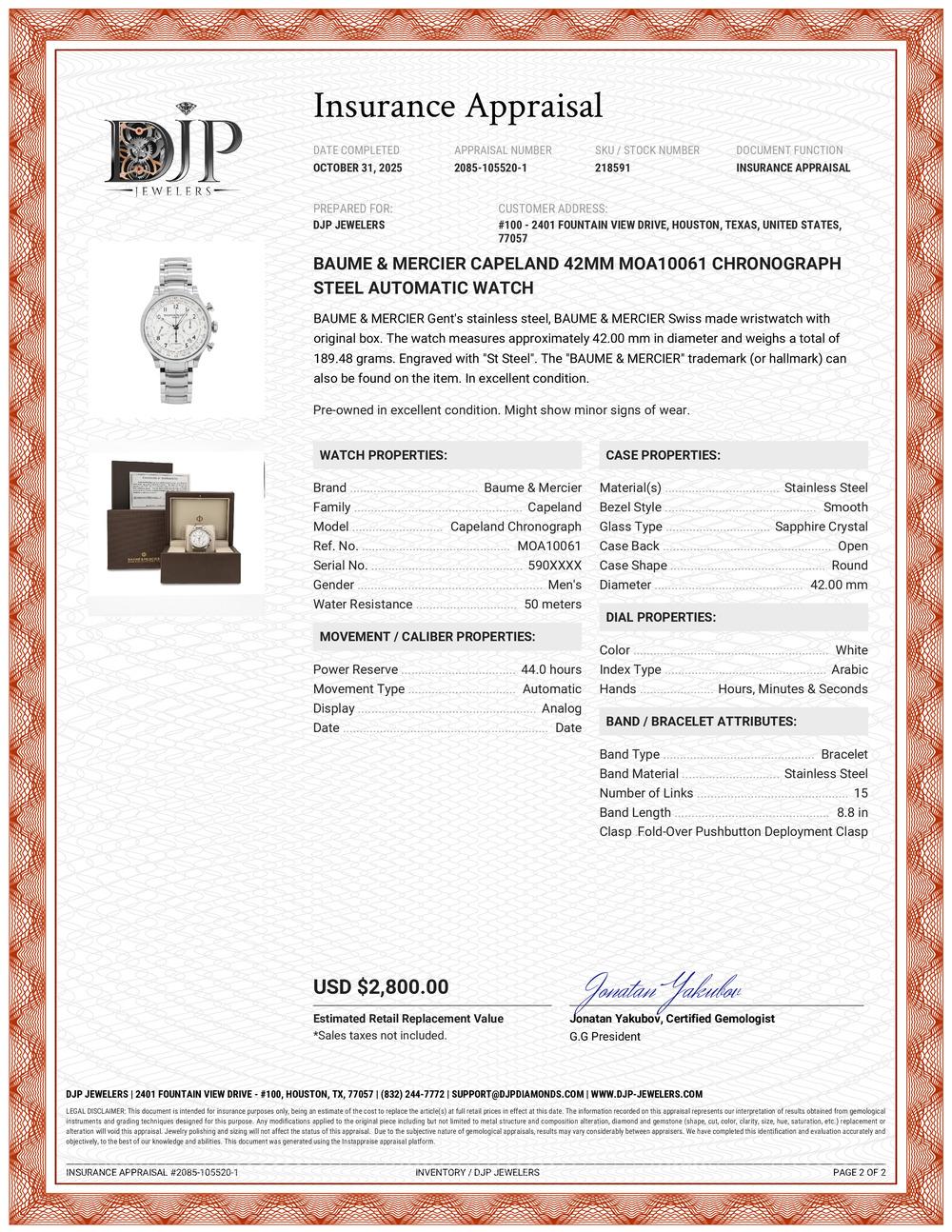 Reloj Automático Baume & Mercier Capeland 42MM MOA10061 Cronógrafo Acero en venta 7