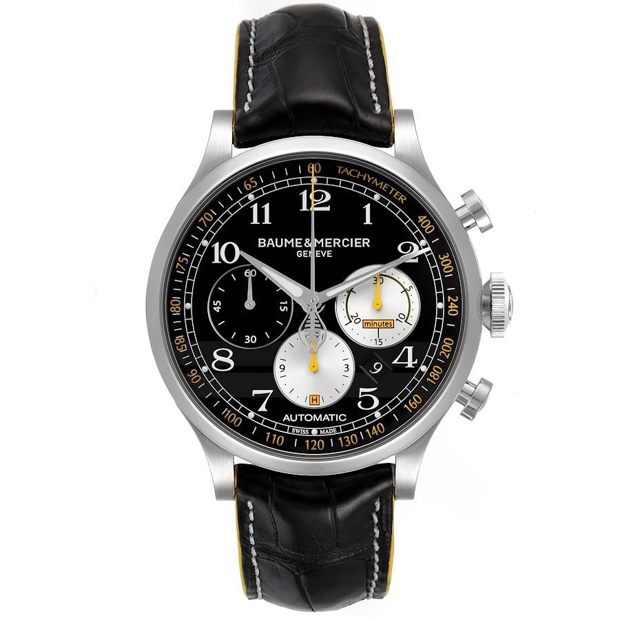 Baume Mercier Capeland Shelby Cobra 44mm Limited Steel Mens Watch 65798. Automatic self-winding chronograph movement. Stainless steel case 44.0 mm in diameter. Exhibition sapphire crystal case back. Chronograph push batons . The chronograph seconds