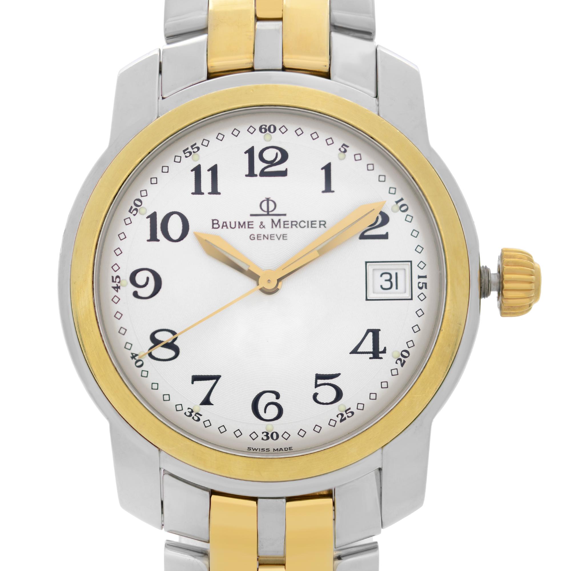 Pre-owned Baume & Mercier Stainless Steel & Solid 18k Yellow Gold,  White Dial Quartz Men's Watch.  No Original Box and Papers are Included. Chronostore Presentation Box and Authenticity Card are included. Covered by 1-year Chronostore