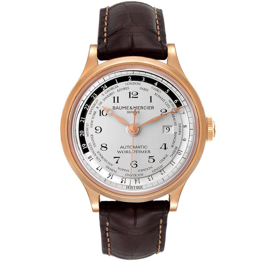 Baume Mercier Capeland Worldtimer 18k Rose Gold Mens Watch 10107 Unworn. Automatic self-winding winding movement. 18k rose gold case 44.0 mm in diameter. Case thickness 14.2 mm. Exhibition skeleton case back. . Scratch resistant sapphire crystal.