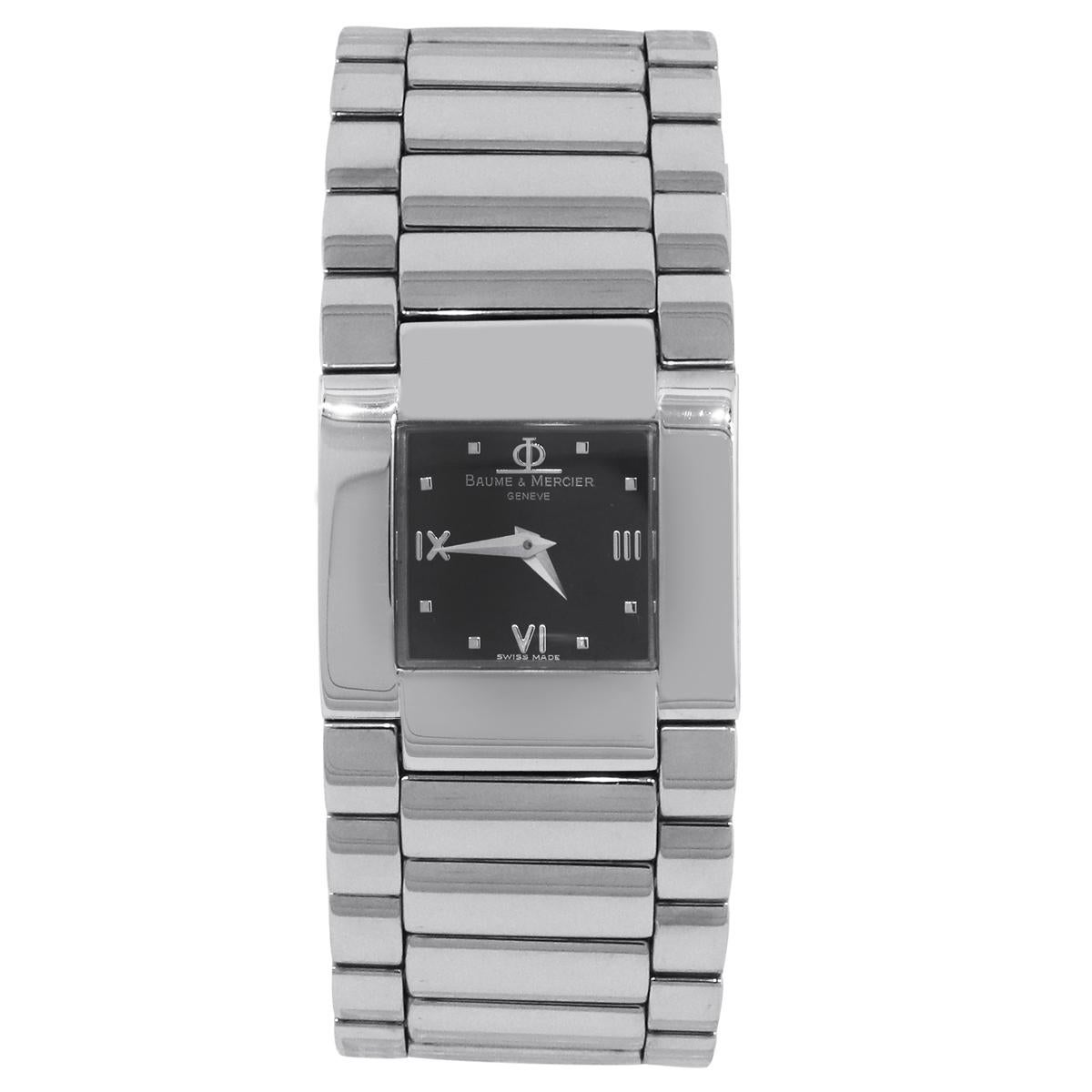 Brand: Baume & Mercier
Model: Catwalk Mini
Material: Stainless Steel
Dial: Black dial with silver hands and markers
Bezel: Fixed smooth stainless steel bezel
Case Measurements: 21mm x 28mm
Bracelet: Stainless Steel Link Bracelet
Clasp: Fold over