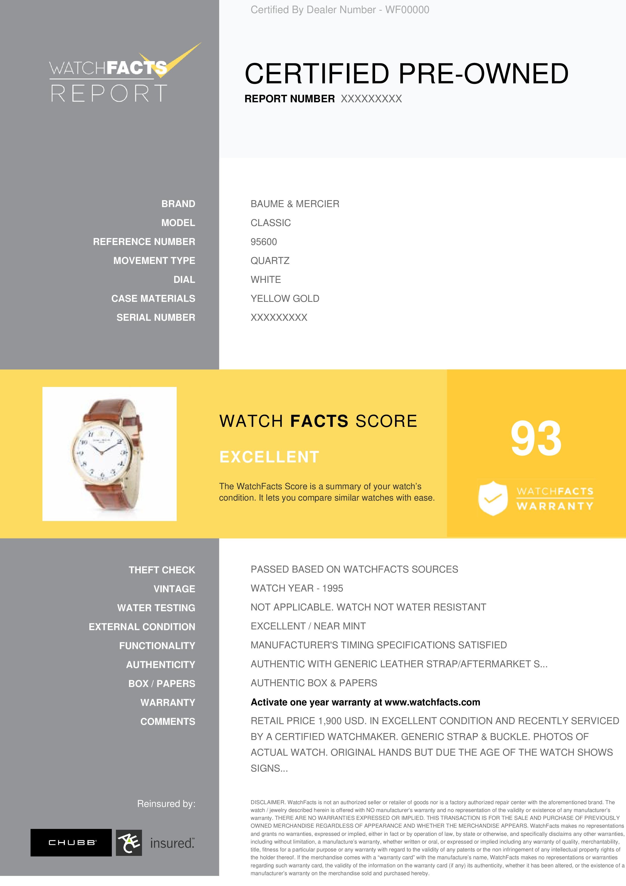 Baume & Mercier Classic Reference #: 95600. Mens Quartz Watch Yellow Gold White 32 MM. Verified and Certified by WatchFacts. 1 year warranty offered by WatchFacts.
