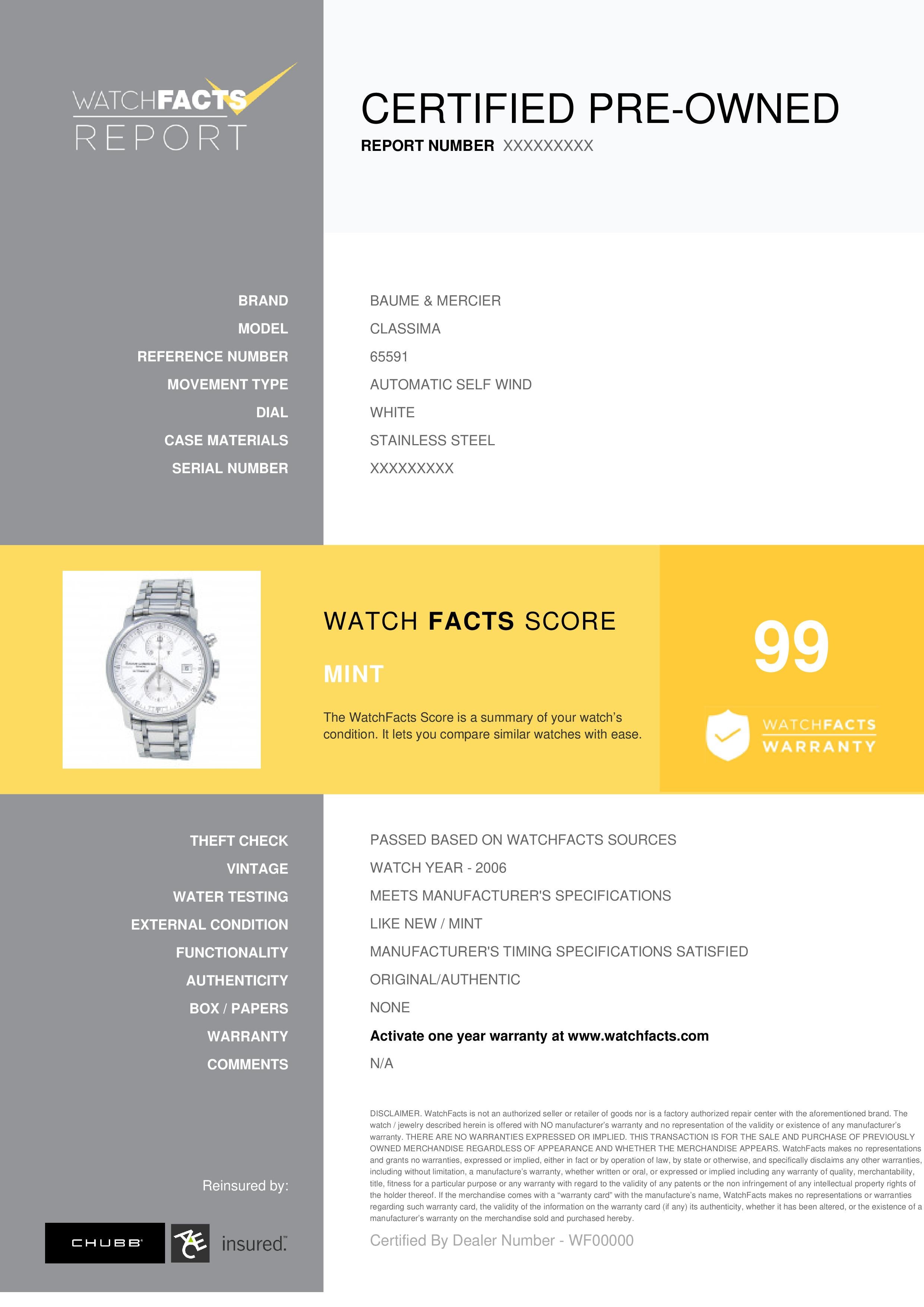 Baume & Mercier Classima Reference #: 65591. Mens Automatic Self Wind Watch Stainless Steel White 42 MM. Verified and Certified by WatchFacts. 1 year warranty offered by WatchFacts.