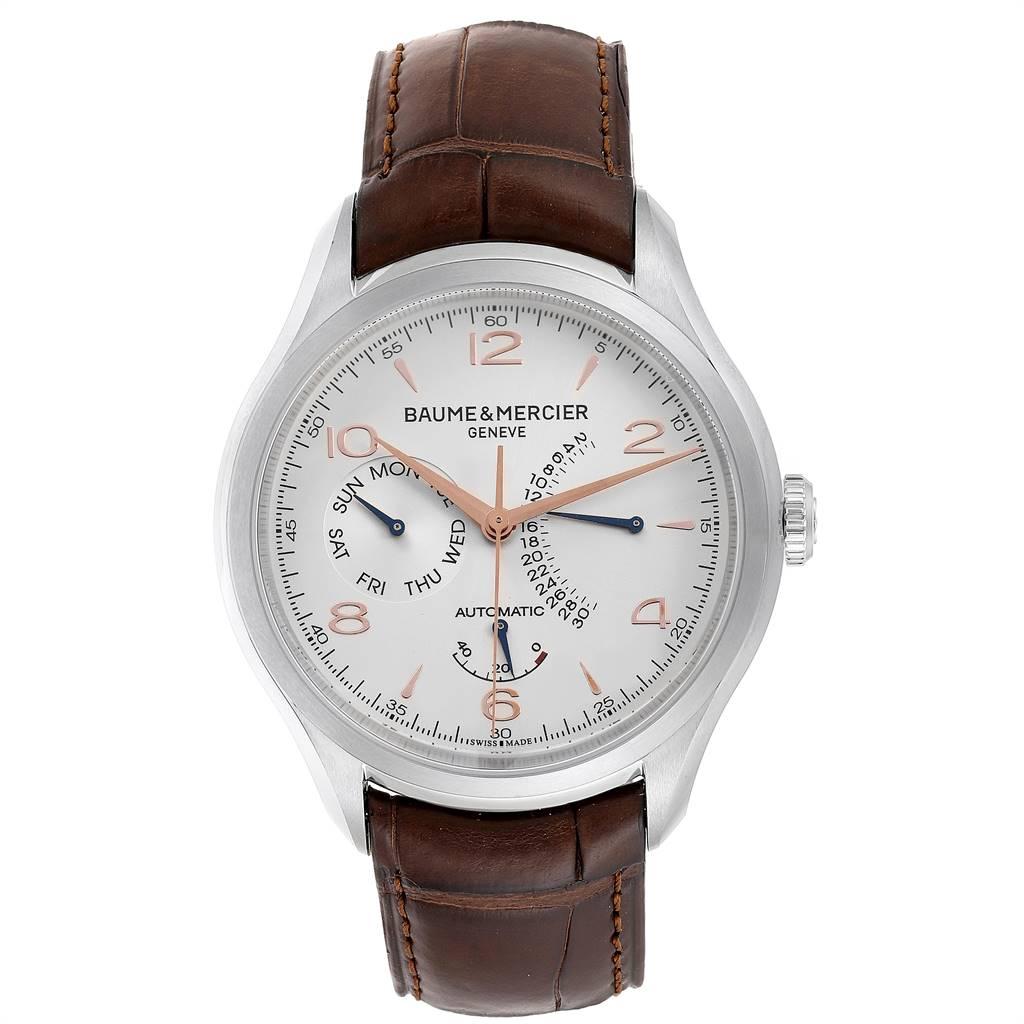 Baume Mercier Classima Executive Clifton Steel Mens Watch 10149 Unworn. Automatic self-winding movement. Stainless steel case 43.0 mm in diameter. Scratch resistant sapphire crystal. Silver satin finish dial with rose gold-tone hands, index hour