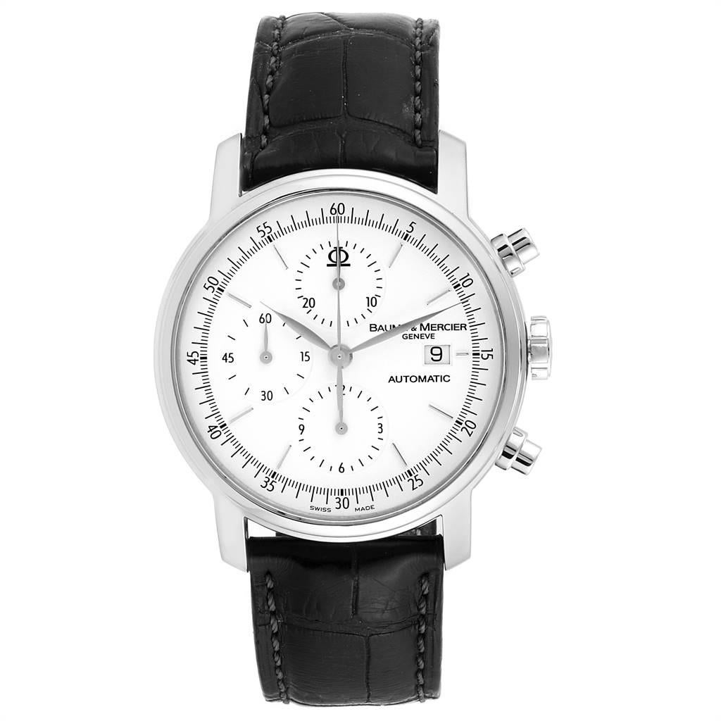 Baume Mercier Classima Executive XL Chronograph Steel Mens Watch 65533. Automatic self-winding chronograph movement. Stainless steel case 42.0 mm in diameter. Scratch resistant sapphire crystal. White dial with steel batton hour markers and leaf