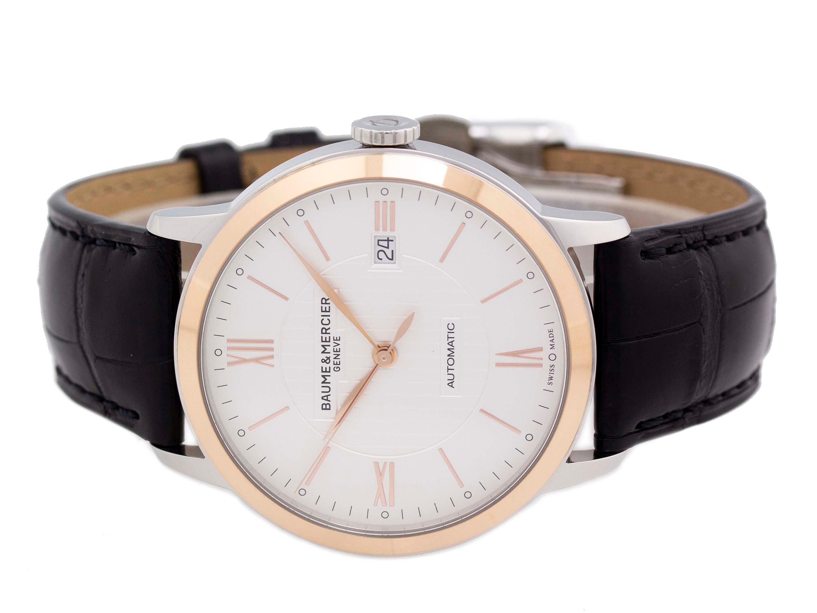 Brand	Baume & Mercier
Series	Classima
Model	MOA10216
Gender	Men's
Condition	Excellent Display Model, Faint Scratches on Case & Bezel
Material	Stainless Steel
Finish	Polished
Caseback	Skeleton
Diameter	40mm
Thickness	8.95mm
Bezel	Rose Gold