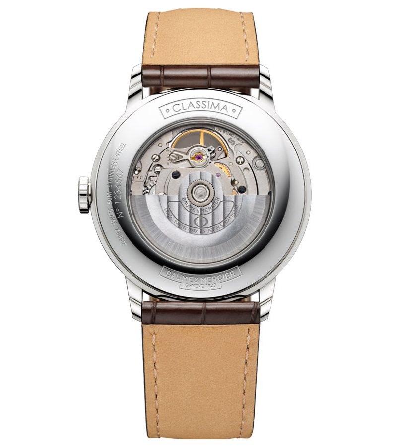 40mm Stainless steel case 
Scratch resistant sapphire crystal 
Sapphire crystal case back 
Applied Roman numerals 
Open balance wheel at 12 O’clock 
Blue hands 
Automatic self-winding movement 
Brown alligator strap 
Clasp: Double Folding Clasp with