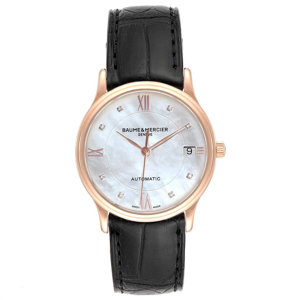 Baume Mercier Classima Rose Gold Mother of Pearl Diamond Watch 10077. Automatic self-winding movement. 18K rose gold case 33.0 mm in diameter. Exhibition sapphire crystal case back. 18K rose gold smooth bezel. Scratch resistant sapphire crystal.