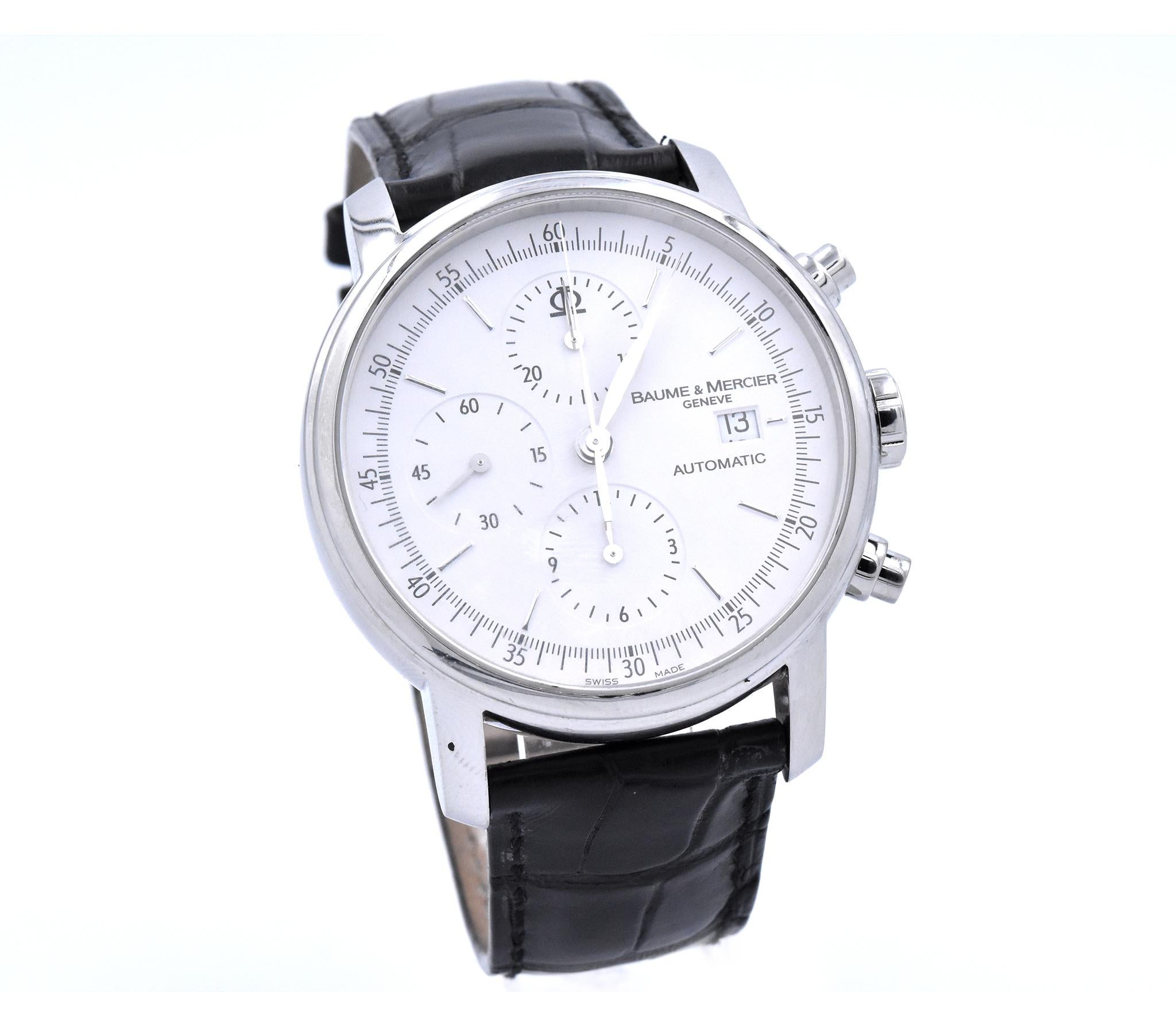 Movement: automatic
Function: hours, minutes, seconds, date, chronograph
Case: 42mm round stainless steel case, sapphire crystal, push/pull crown
Band: black leather strap with deployment buckle
Dial: white dial with stick hour markers, steel