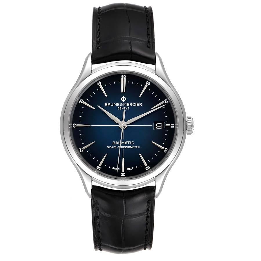 Baume Mercier Clifton Baumatic Automatic Steel Mens Watch 10467 Box Card. Automatic self-winding movement. Stainless steel case 40.0 mm in diameter. Exhibition sapphire crystal caseback. . Scratch resistant sapphire crystal. Gradient blue dial with