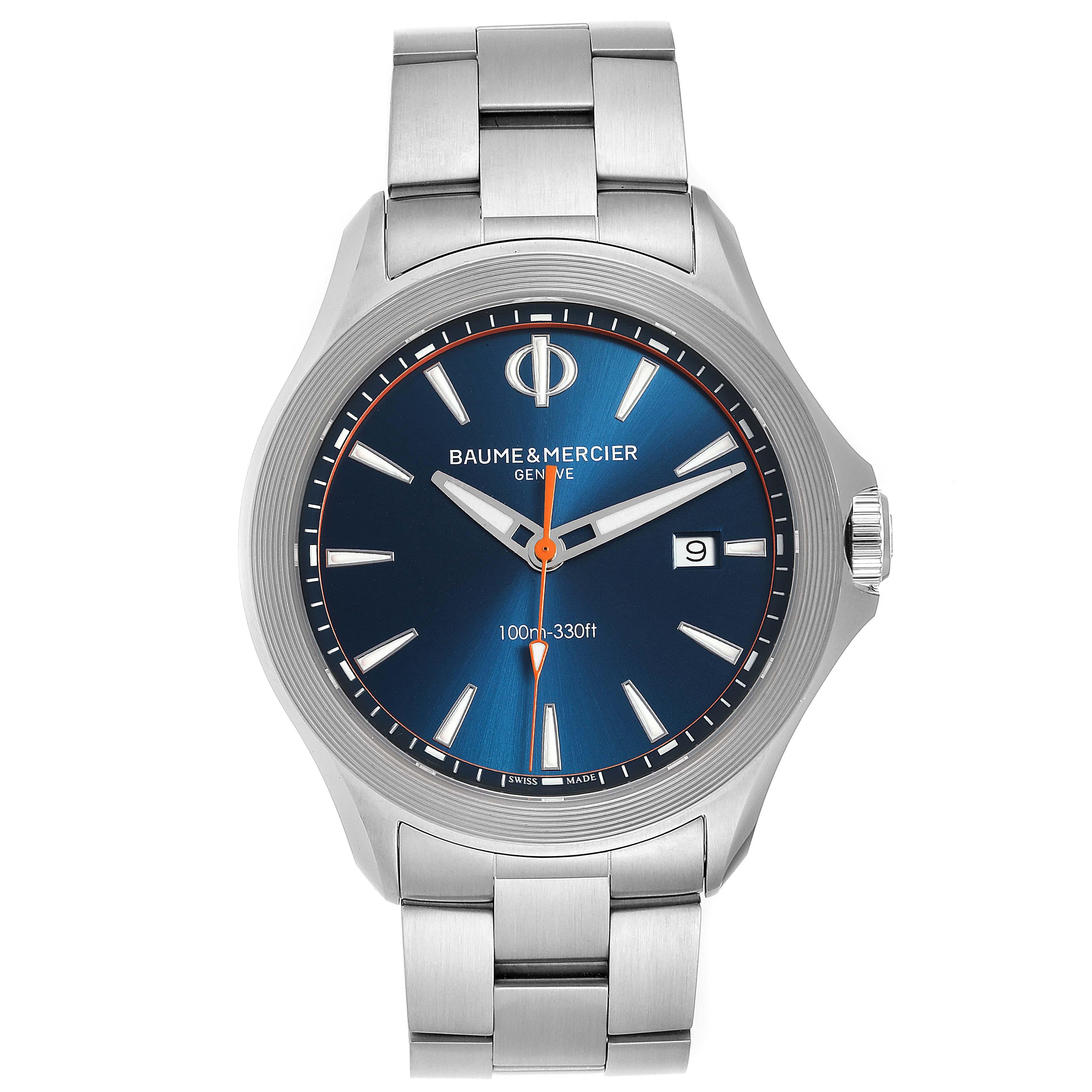Baume Mercier Clifton Blue Dial Steel Mens Watch M0A10413 Box Card. Quartz movement. Stainless steel case 42.0 mm in diameter. . Scratch resistant sapphire crystal. Blue dial with luminous hour markers and hands. Stainless steel bracelet with fold