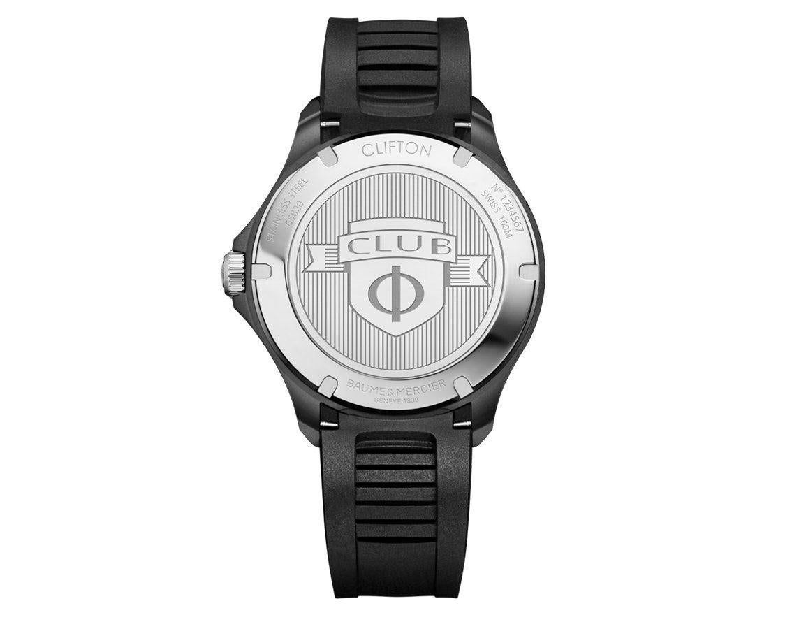 Stainless steel case with a black rubber strap. Uni-directional rotating silver-tone bezel with a black DLC top ring. Black dial with luminous silver-tone hands and index hour markers. Minute markers around the outer rim. Dial Type: Analog.