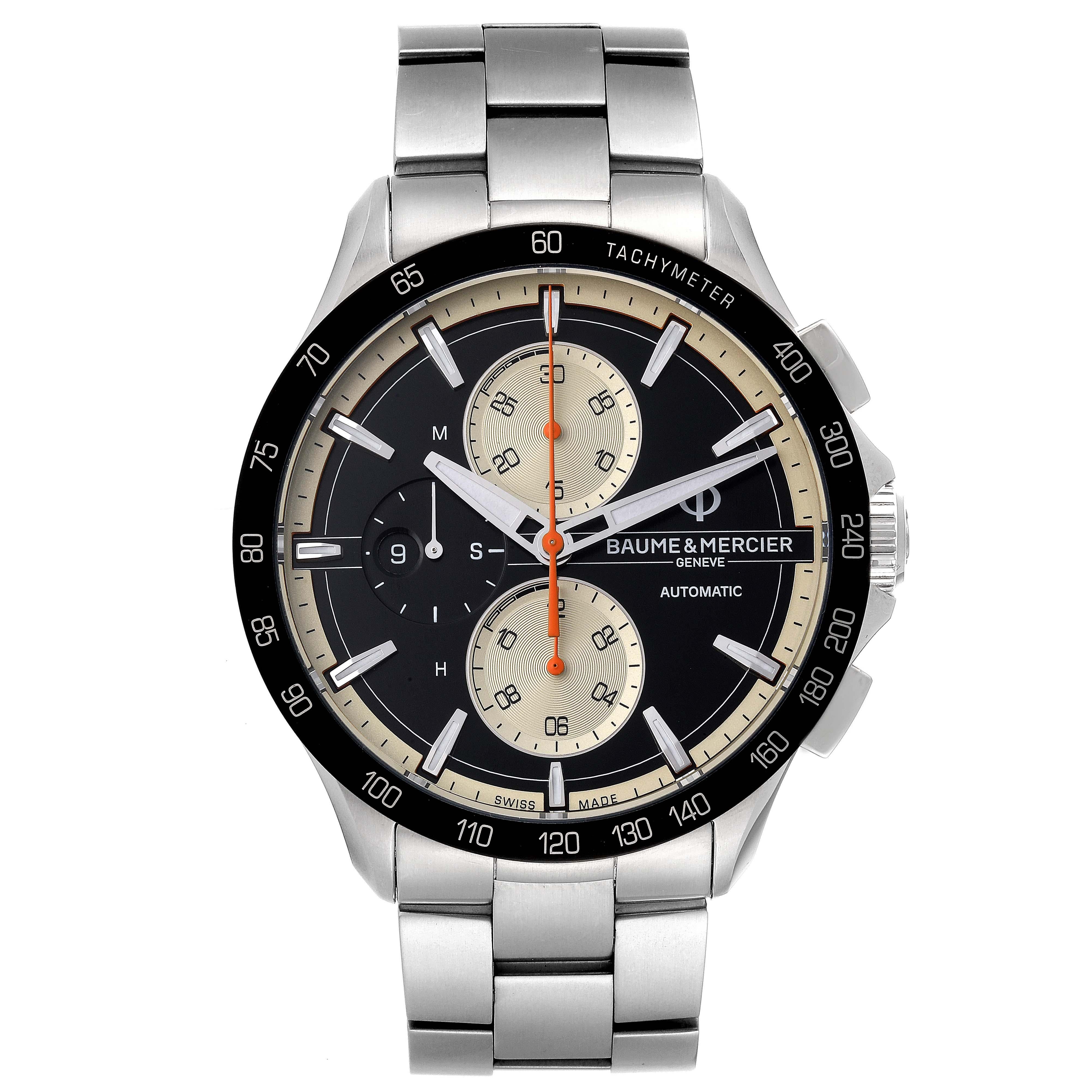 Baume Mercier Clifton Club Black Dial Chronograph Steel Mens Watch 65843. Automatic self-winding chronograph movement. Stainless steel case 44.0 mm in diameter. . Scratch resistant sapphire crystal. Black and silver satin finish dial with luminous