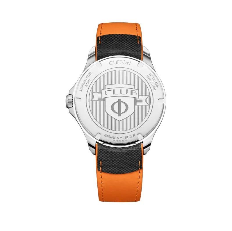 This stylish Clifton Club 42mm date watch was created for the active professional lifestyle. It comes with an eye-catching black and orange strap and matching seconds hand, and a clean white dial with a date aperture at 3 o’clock. The hour and