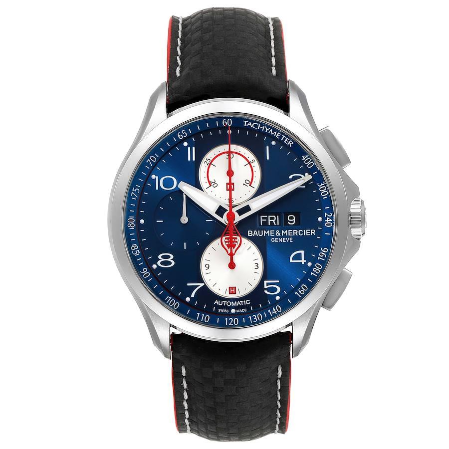 Baume Mercier Clifton Club Shelby Cobra 1964 Limited Watch 10343 Box Card. Automatic self-winding chronograph movement. Daytona Wheel-style automatic rotor. Stainless steel case 44.0 mm in diameter. Exhibition sapphire crystal case back. Chronograph