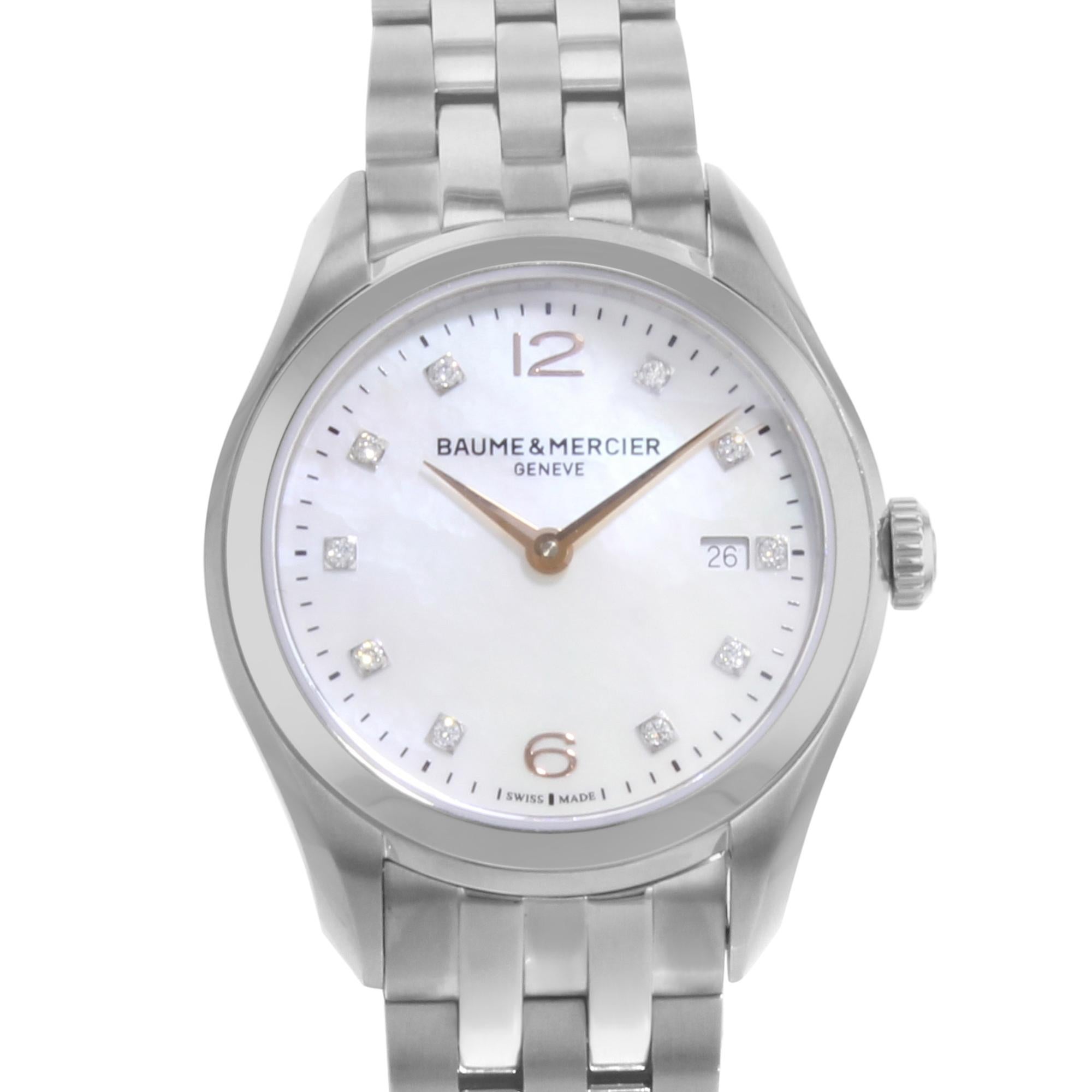 This display model Baume et Mercier Clifton MOA10176 is a beautiful Women's timepiece that is powered by a quartz movement which is cased in a stainless steel case. It has a round shape face, date, diamonds dial, and has hand Arabic numerals,