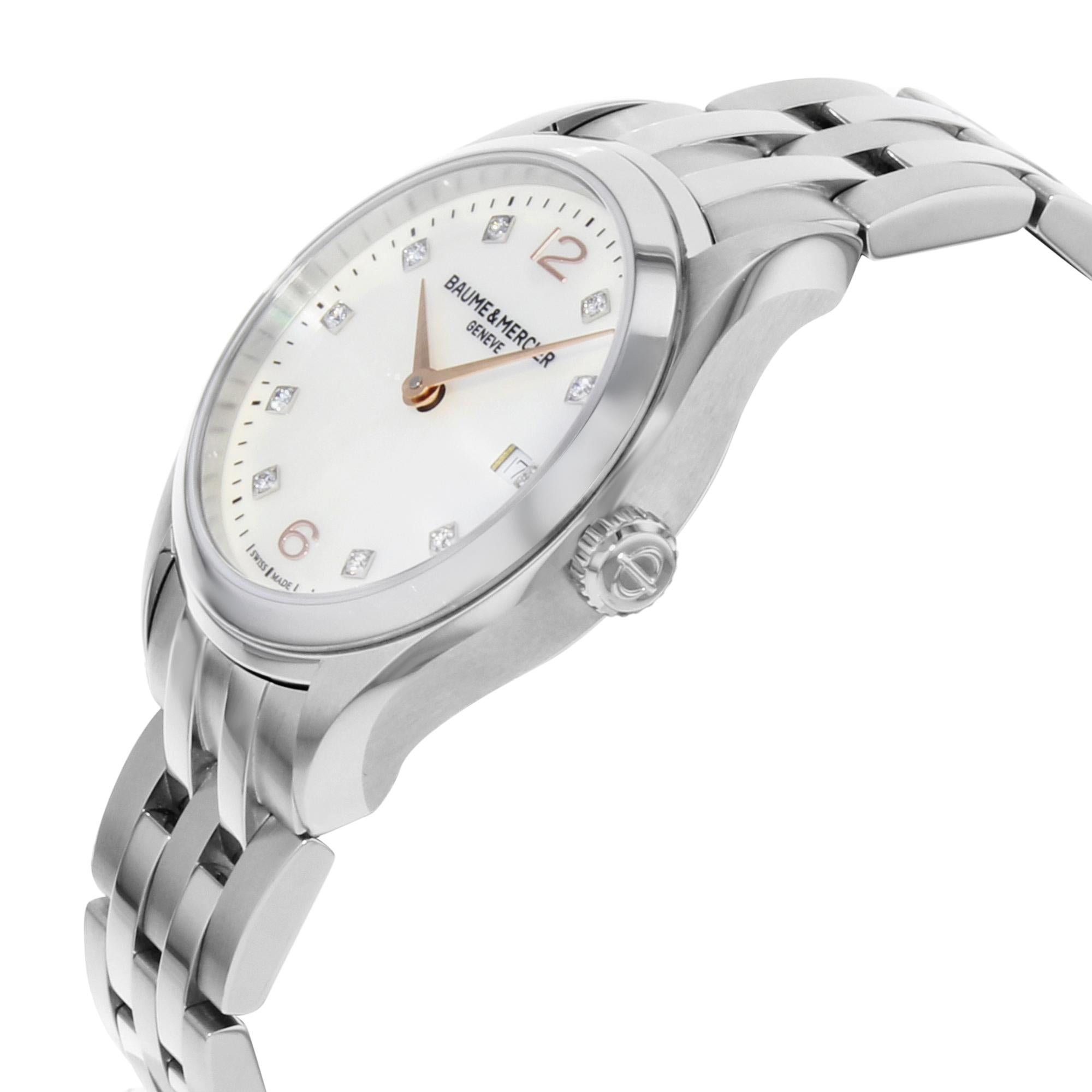 Baume & Mercier Clifton MOP Dial Diamonds Steel Quartz Ladies Watch MOA10176 In Excellent Condition In New York, NY