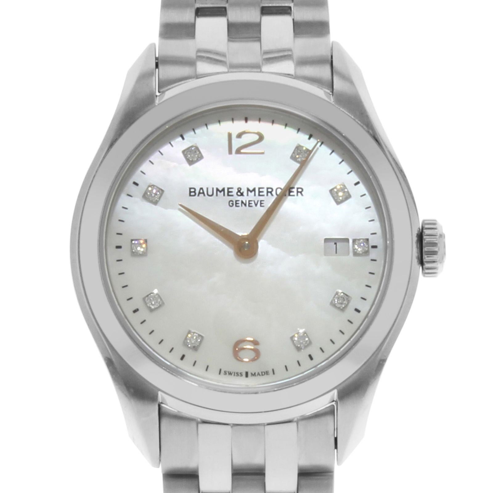 (19230)
This never been worn Baume et Mercier Clifton MOA10176 is a beautiful Ladies timepiece that is powered by a quartz movement which is cased in a stainless steel case. It has a round shape face, date, diamonds dial and has hand diamonds style