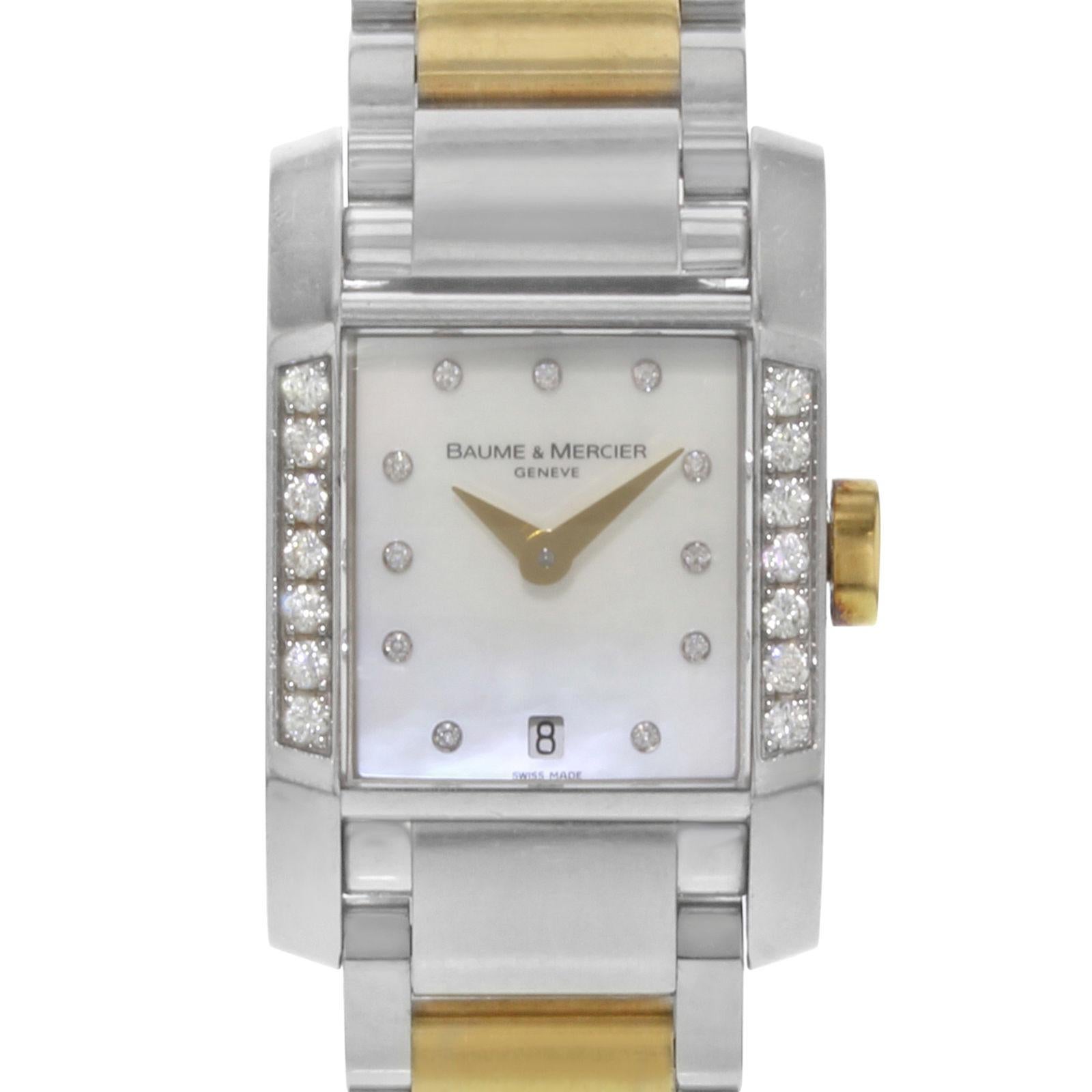 (18237)
This pre-owned Baume et Mercier Diamant MOA08599 is a beautiful Womens timepiece that is powered by a quartz movement which is cased in a stainless steel case. It has a rectangle shape face, date dial and has hand diamonds style markers. It