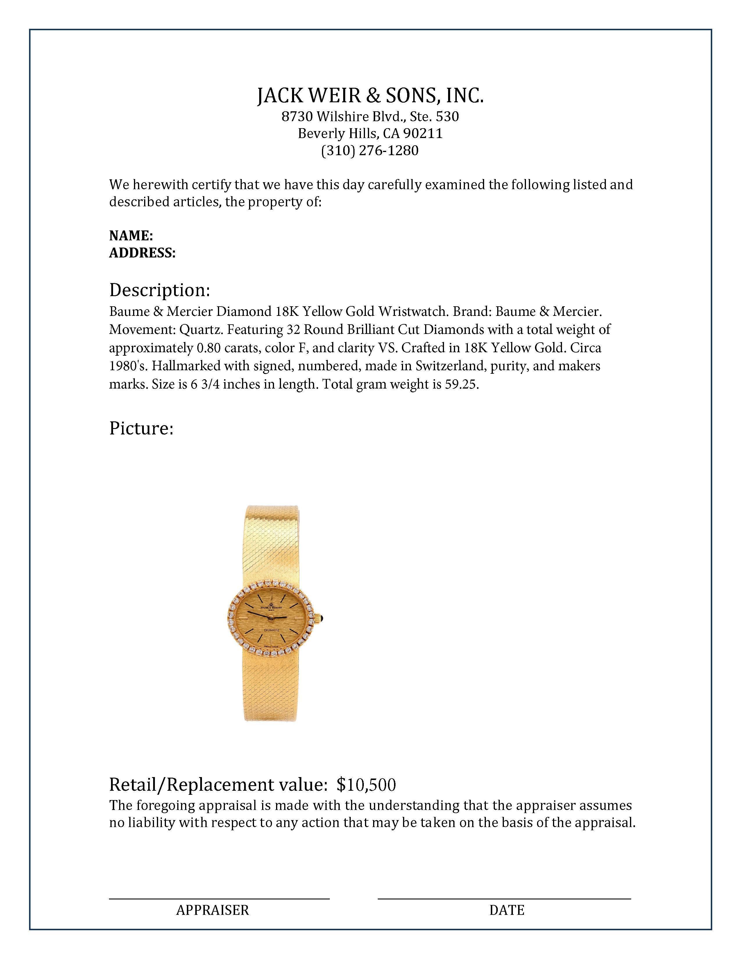 Baume & Mercier Diamond 18K Yellow Gold Wristwatch In Excellent Condition In Beverly Hills, CA