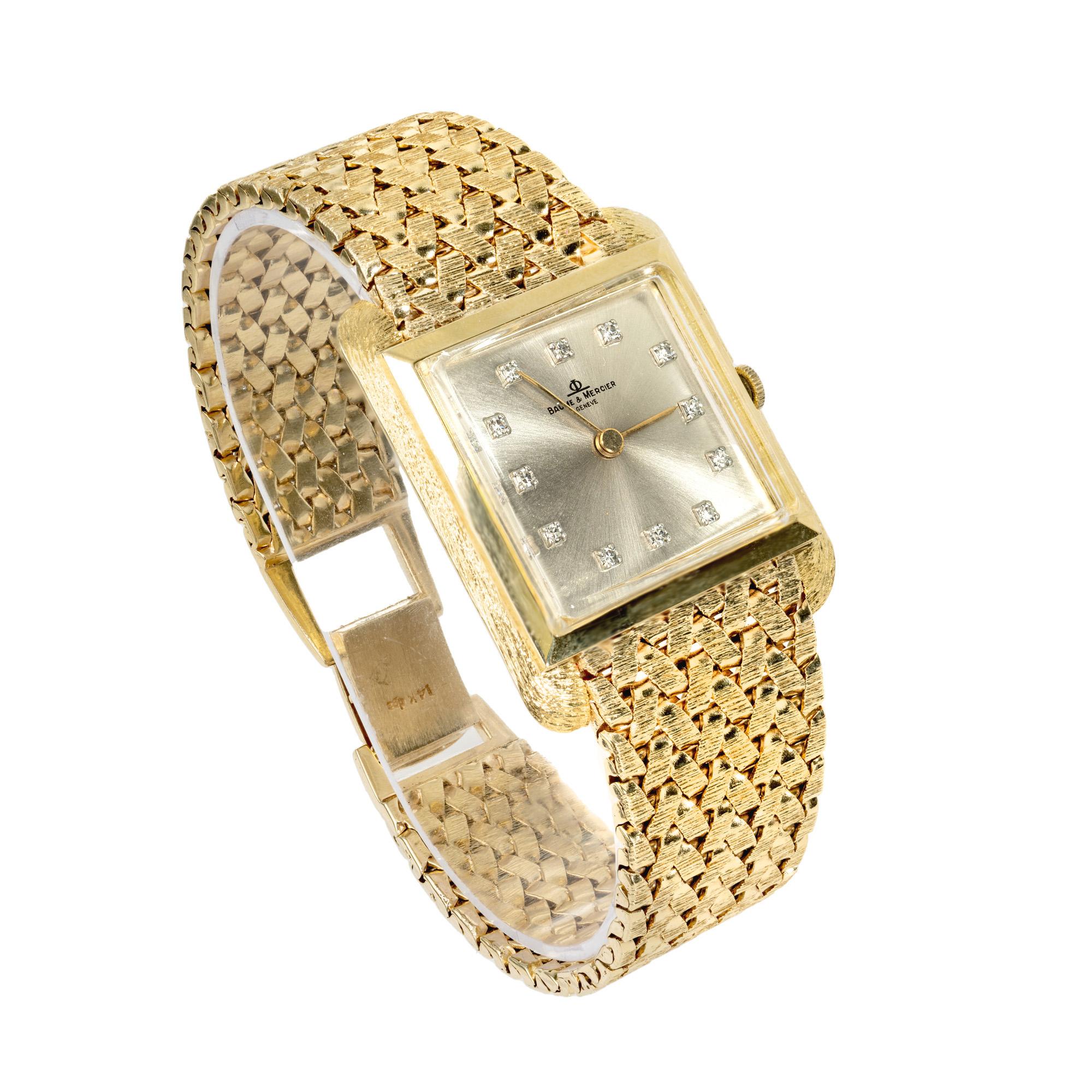 Reloj de pulsera Baume & Mercier Cuadrado Diamante Oro Amarillo Texturado Corte redondo en venta