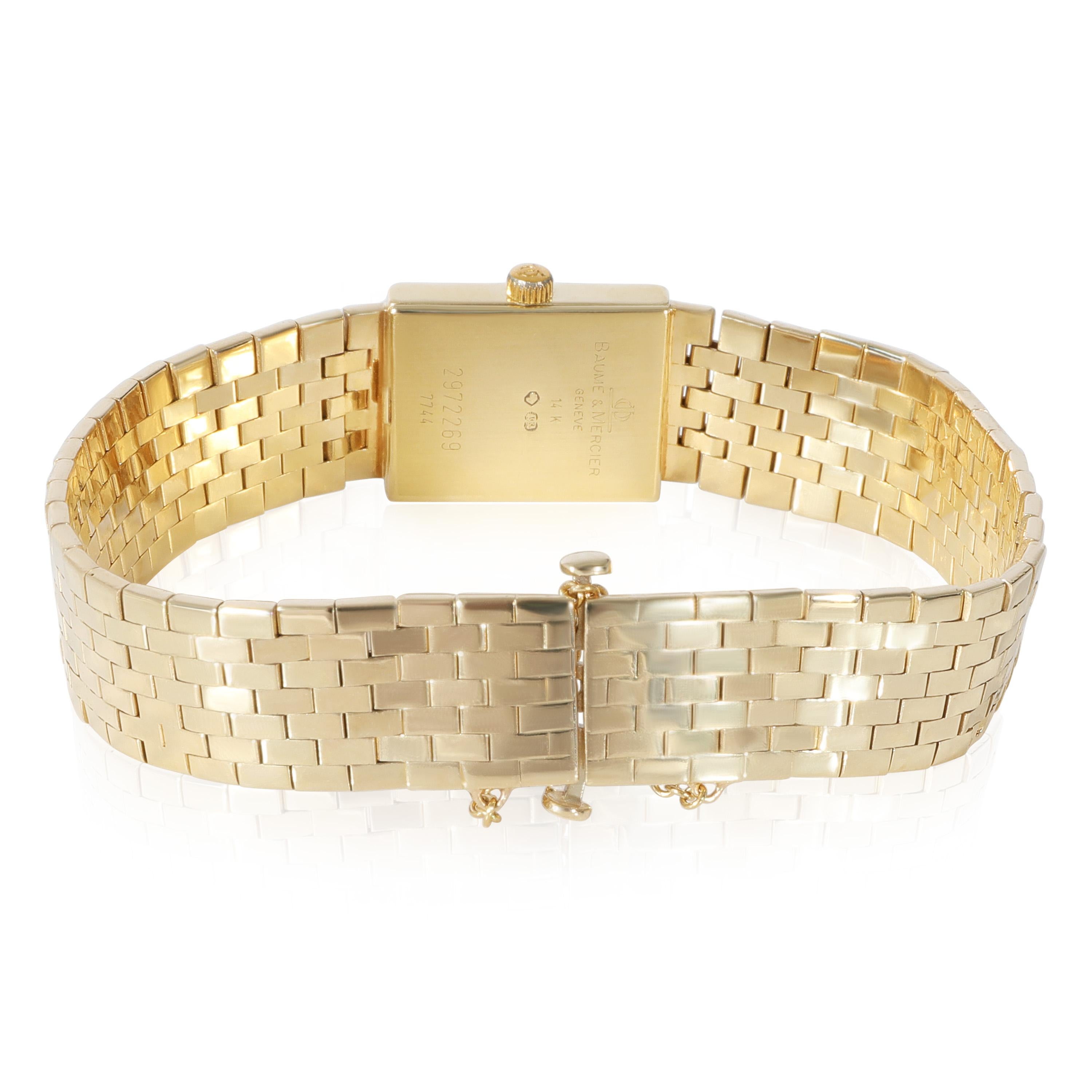 Baume & Mercier Dress 7744 Women's Watch in 14kt Yellow Gold
 
 SKU: 124134
 
 PRIMARY DETAILS
 Brand: Baume & Mercier
 Model: Dress
 Country of Origin: Switzerland
 Movement Type: Quartz: Automatic/Kinetic
 Year of Manufacture: 1990-1999
