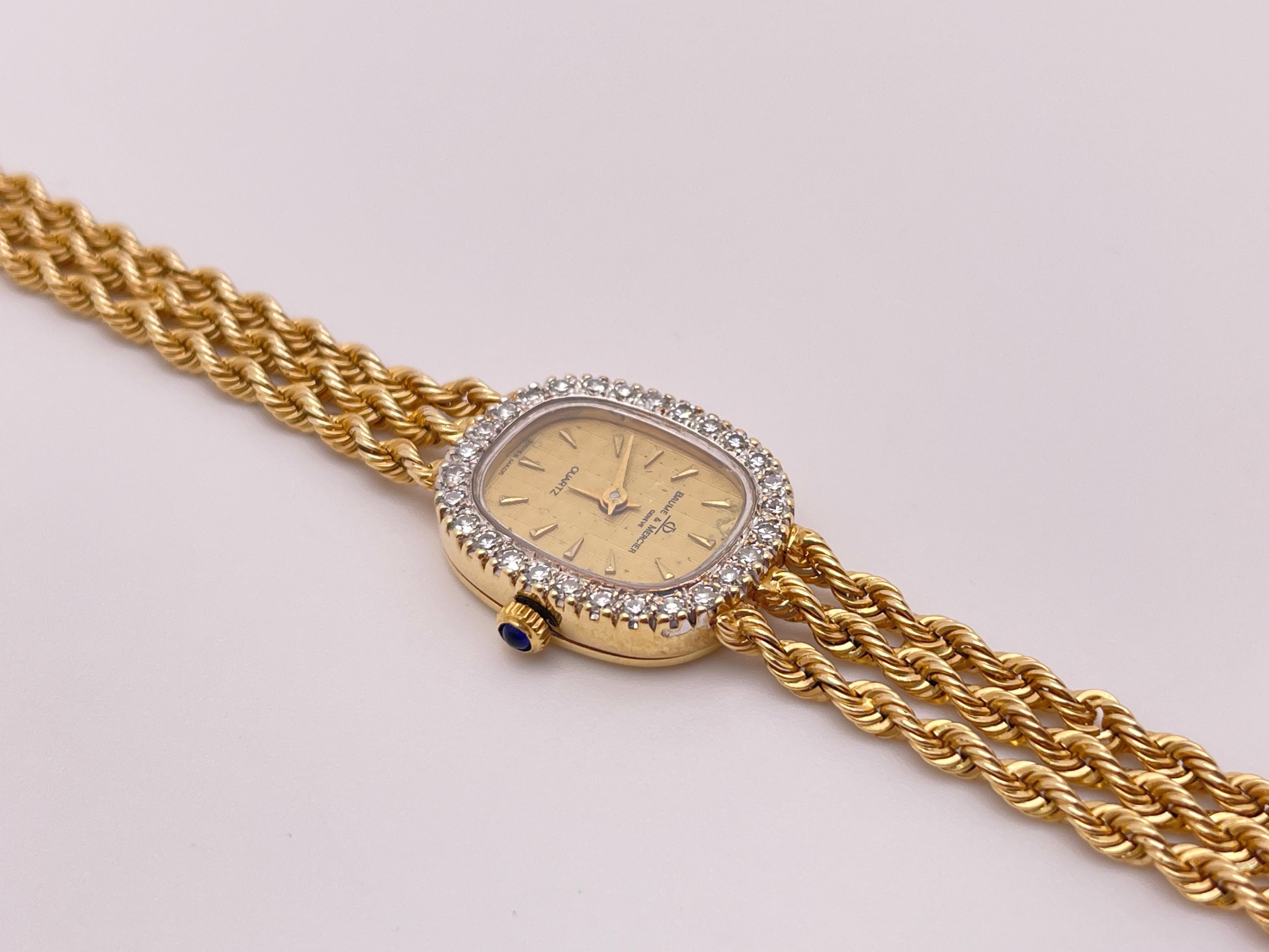 Round Cut Baume & Mercier Geneve 14K Yellow Gold Diamond Vintage Ladies Watch For Sale