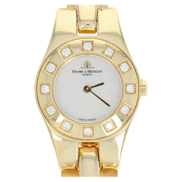 Baume and Mercier Geneve Watch Diamonds 18k Gold Mother Pearl New Battery Warranty For Sale at