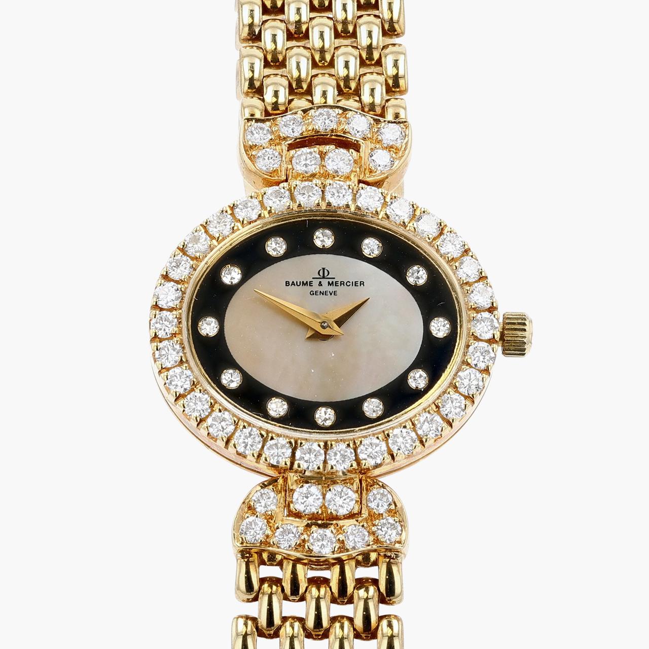 Baume & Mercier: Gold-, Diamant- und Perlmutt-Uhr auf Goldarmband (Rundschliff) im Angebot