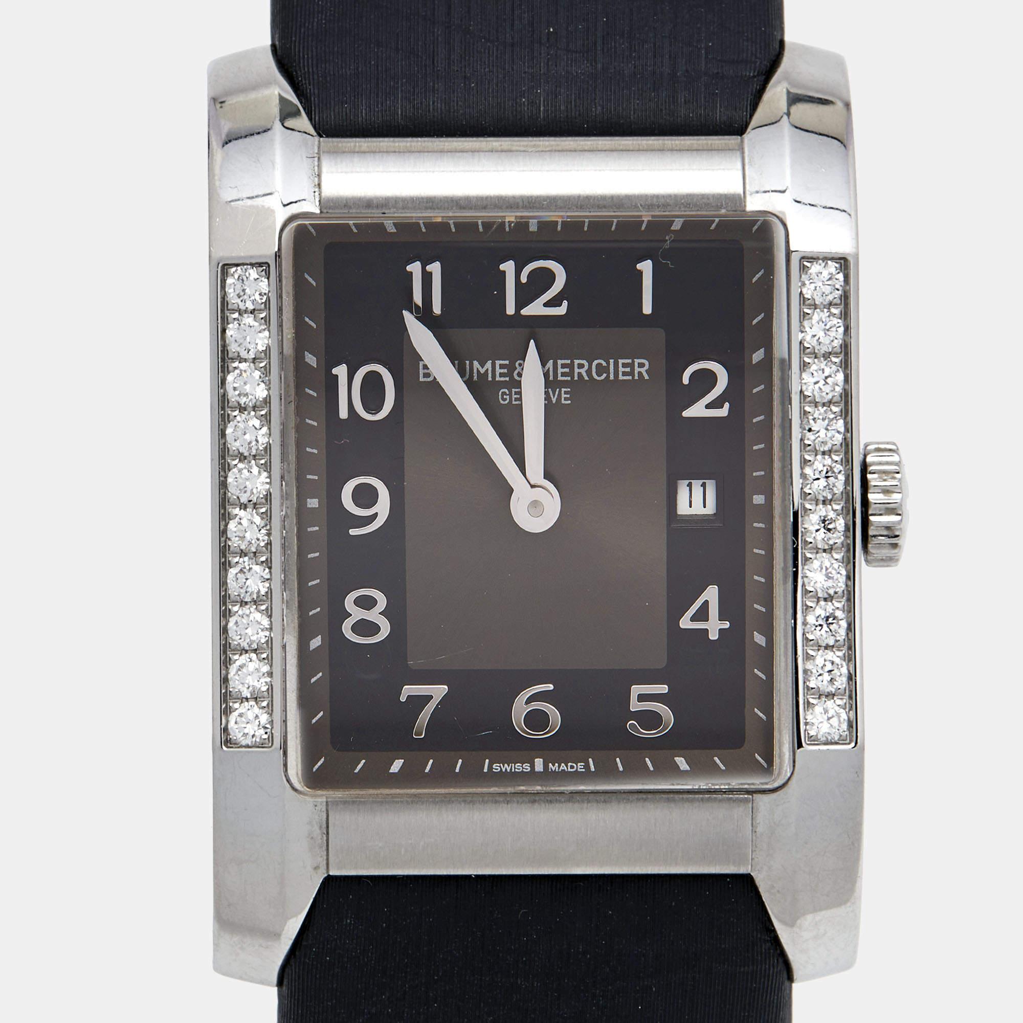 Aesthetic Movement Baume & Mercier Grey Stainless Steel Leather Diamond Hampton 65694 Women's  For Sale