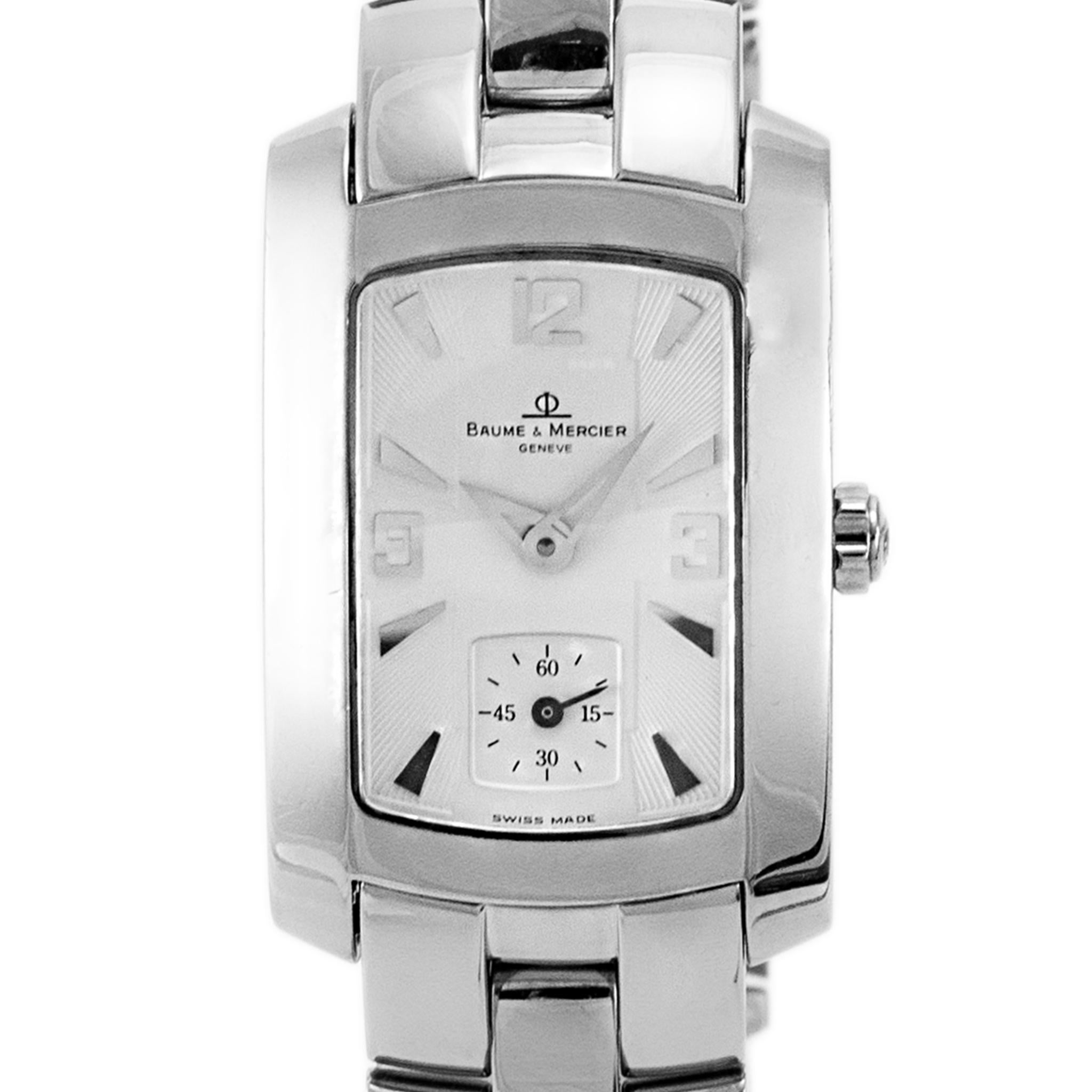 Brand: Baume & Mercier

Gender: Ladies

Metal Type: Stainless Steel 

Diameter: 22.00 mm 

Weight: 75.20 grams

One ladies stainless steel, BAUME & MERCIER Swiss-made watch with original box. The metal was tested and determined to be stainless