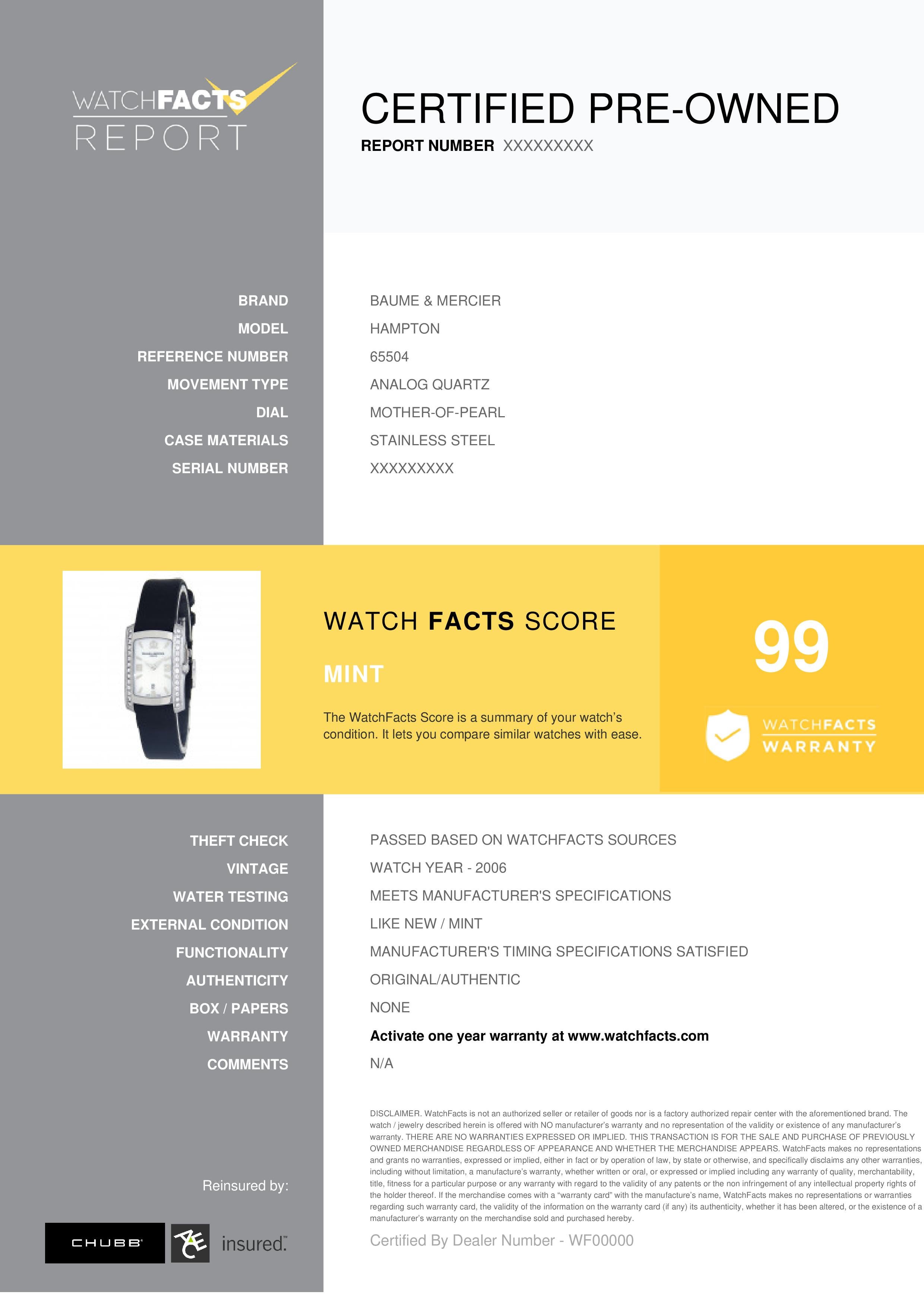 Baume & Mercier Hampton Referenz #: 65504. Analoge Quarzuhr für Damen Edelstahl Perlmutt 22 MM. Geprüft und zertifiziert von WatchFacts. 1 Jahr Garantie:: angeboten von WatchFacts