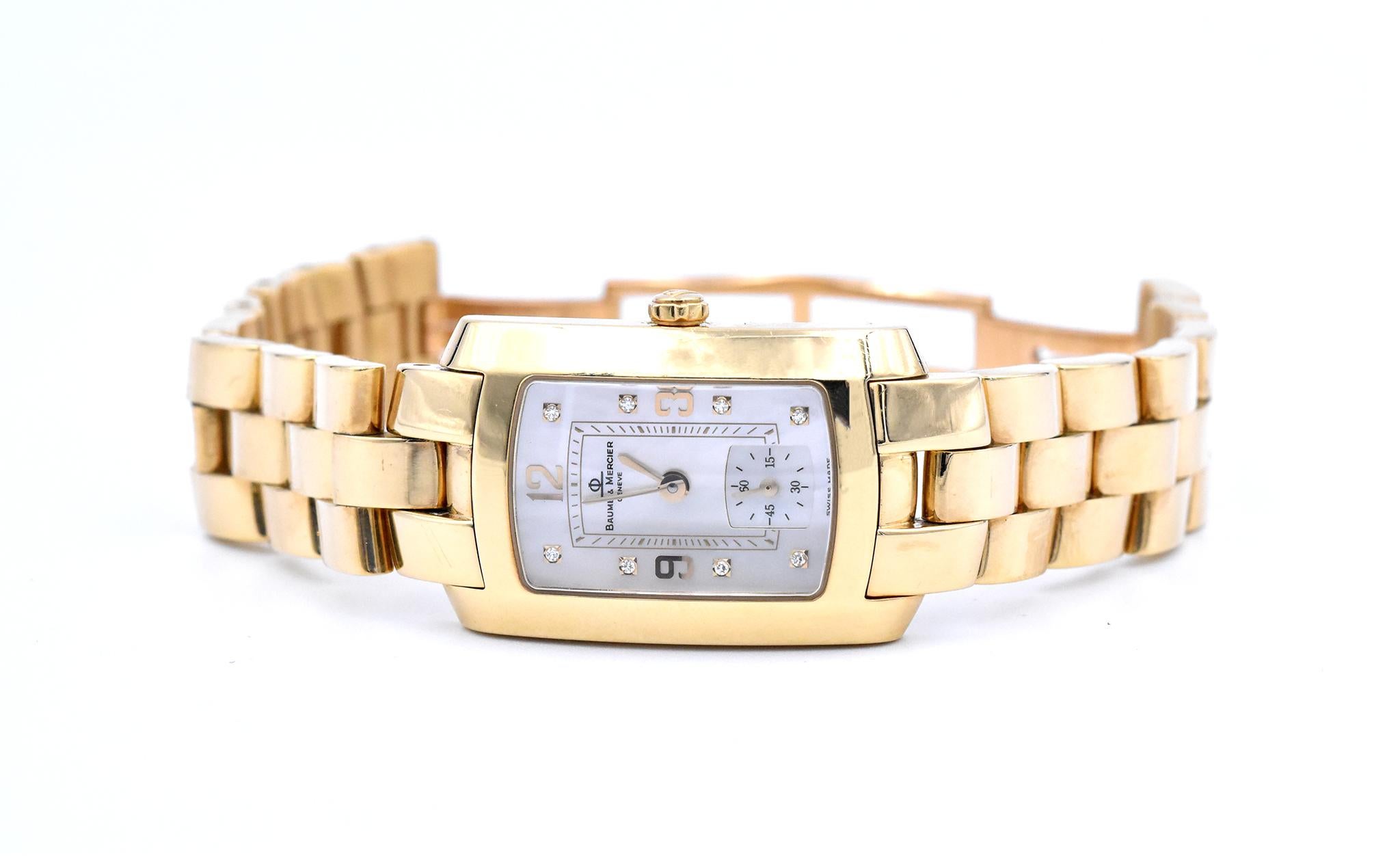 Movement: quartz
Function: hours, minutes
Case: 22mm x 33mm 18k yellow gold case, sapphire crystal, smooth bezel, pull/push crown
Band: 18k yellow gold bracelet with butterfly clasp
Dial: white mop diamond dial, eight diamond hour markers, gold