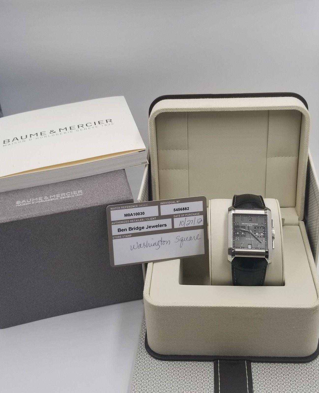 Baume & Mercier

Style Number: 10030 

Serial: 5456***

Year: Original Purchase Date October 2012

Model: Hampton Rectangular Collection

Case: Stainless Steel 

Band: Black Leather

Bezel: Stainless Steel

Dial: Dark Grey/Black

Face: Sapphire