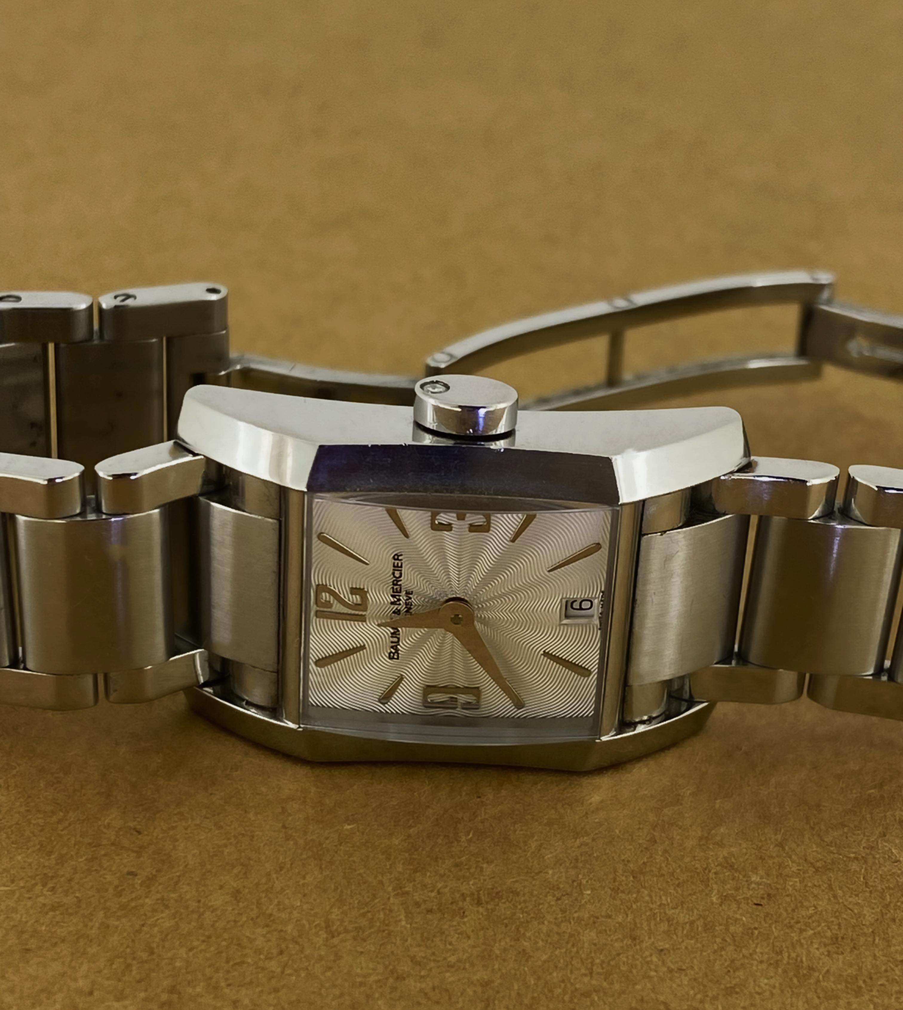 Modern Baume & Mercier Hampton ref 65488 Rectangle Diamond Winder Guilloche Dial Watch