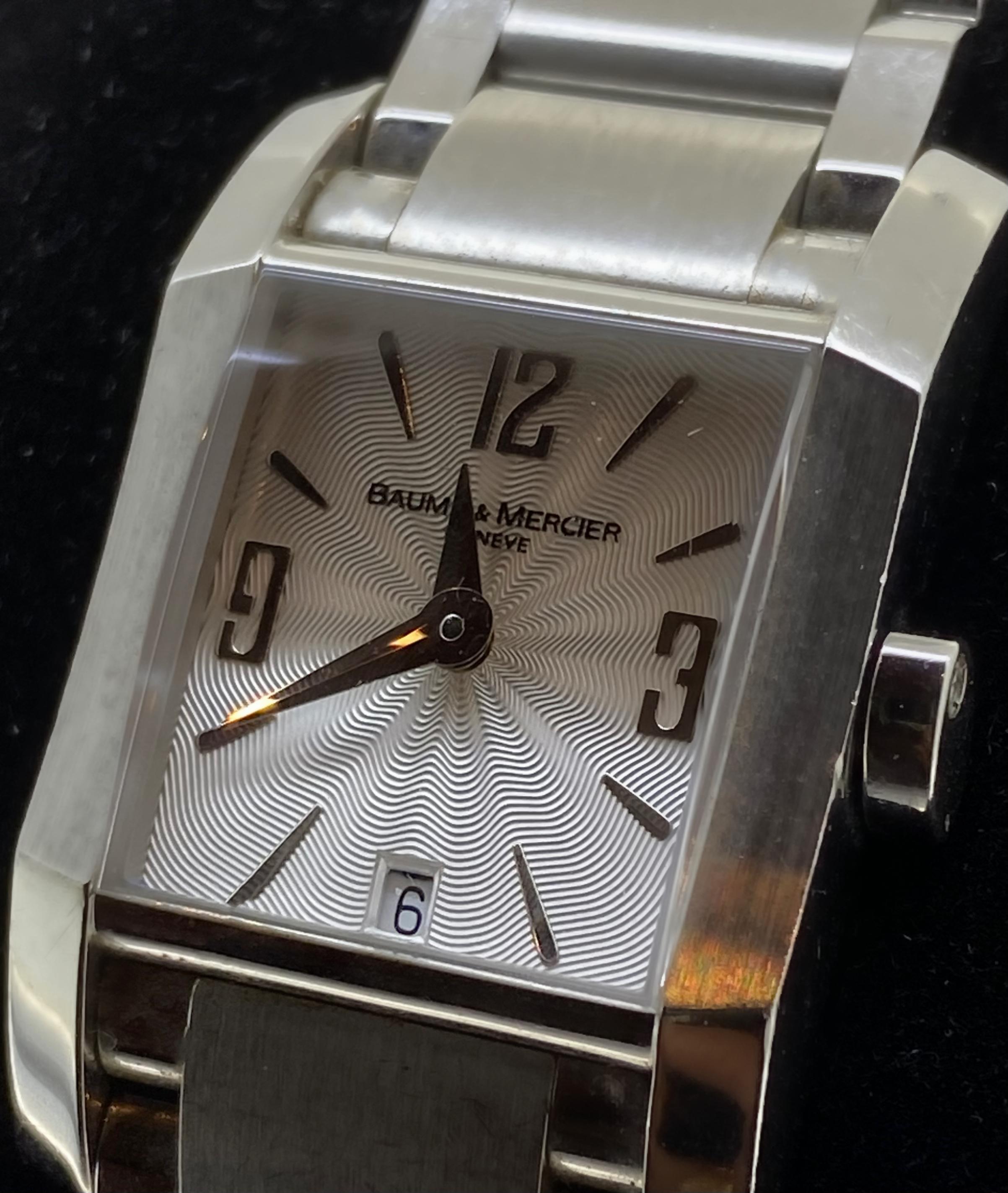 Round Cut Baume & Mercier Hampton ref 65488 Rectangle Diamond Winder Guilloche Dial Watch
