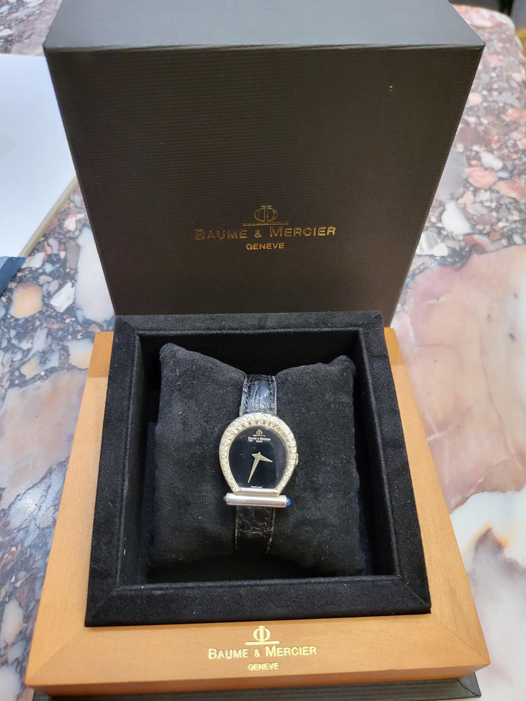 Women's or Men's Baume & Mercier Horsebit 18 k White Gold Watch & Diamonds For Sale