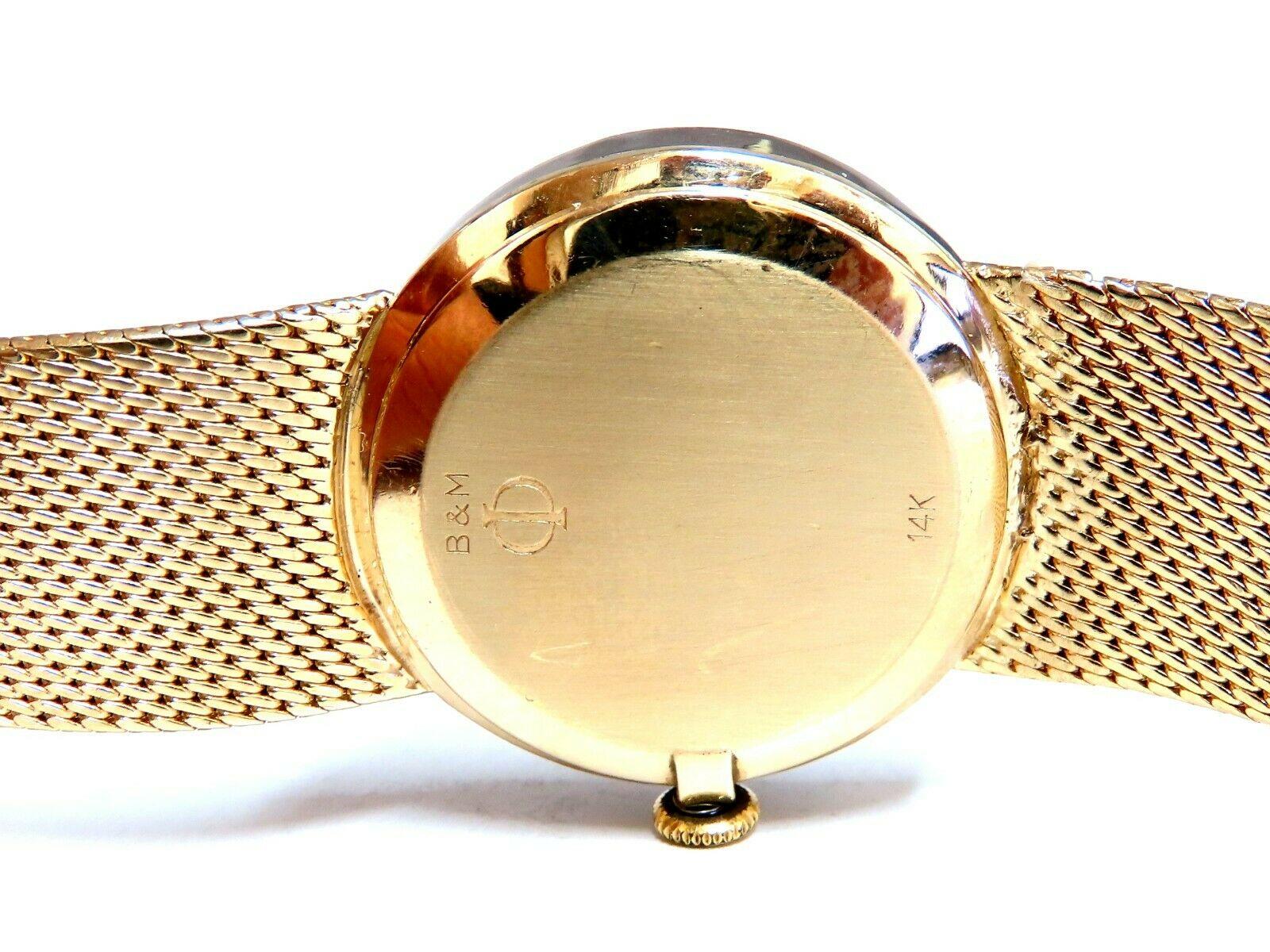 Baume & Mercier Ladies Vintage Watch 



High grade Automatic Swiss Movement.



Gold Dial



1.10ct. natural round diamonds



G-color Vs-2 clarity.



Working Order.



14kt Mesh Link Flexible band



7 inch.



42.3 grams



26.7mm case