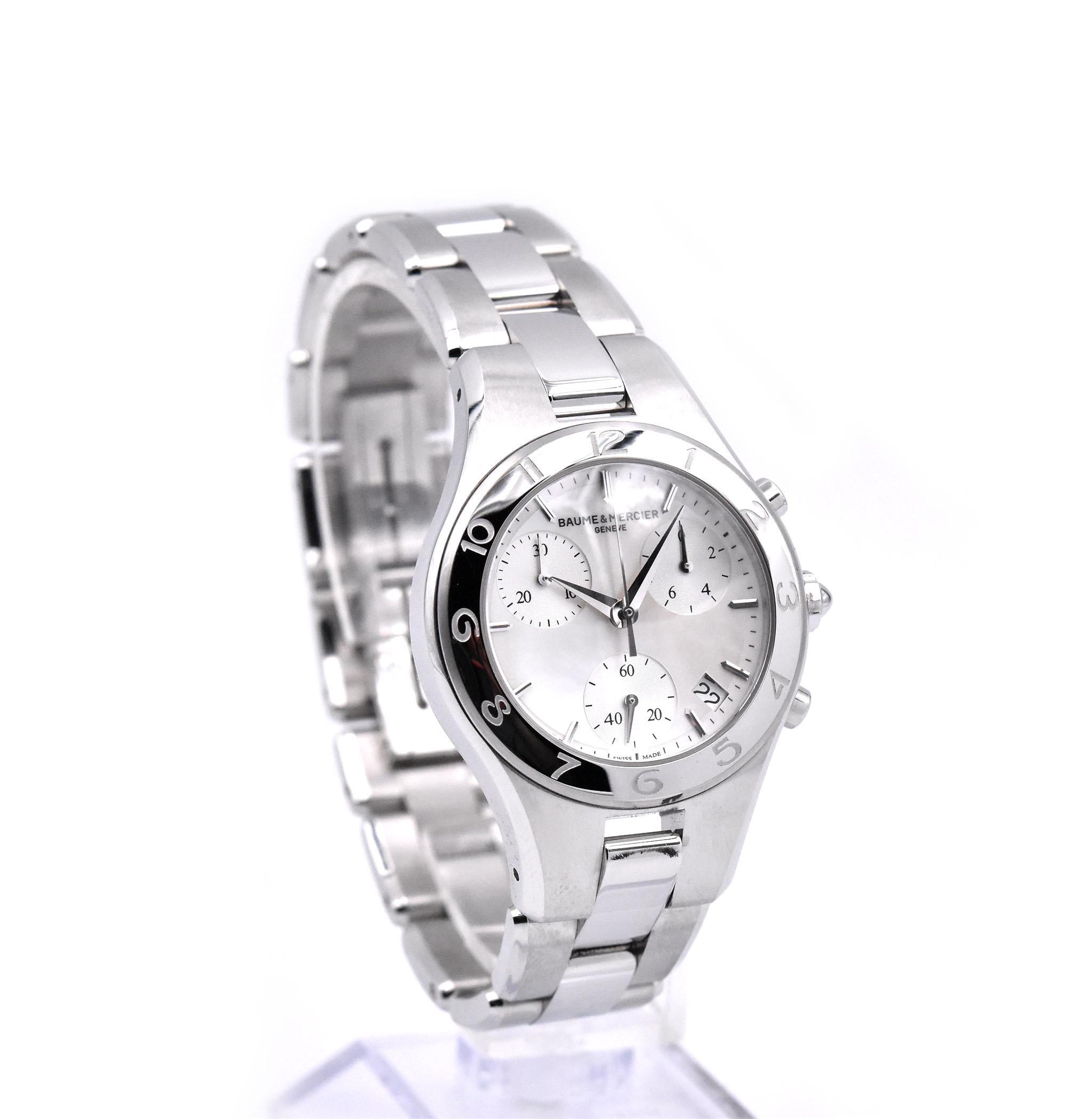Movement: quartz
Function: hours, minutes
Case: 32mm round stainless steel case, sapphire protective crystal
Band: stainless steel bracelet with deployant clasp
Dial: white mop diamond dial, stainless steel stick hour markers
Reference #: