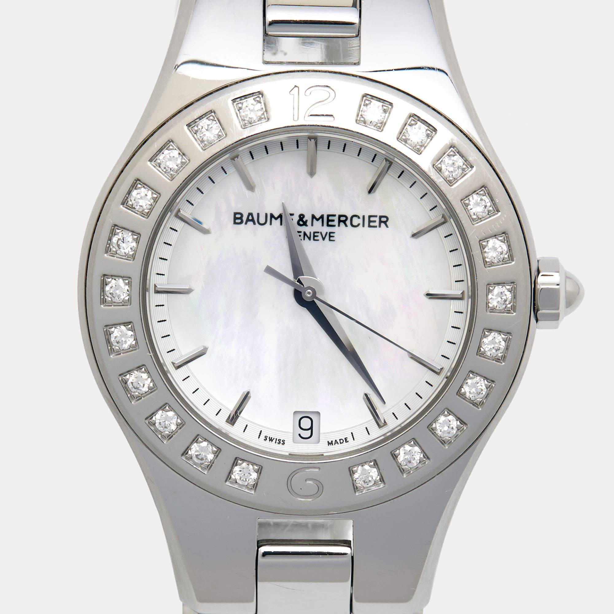 Uncut Baume & Mercier Mother Of Pearl Diamond Stainless Steel Linea Wristwatch 32 mm For Sale