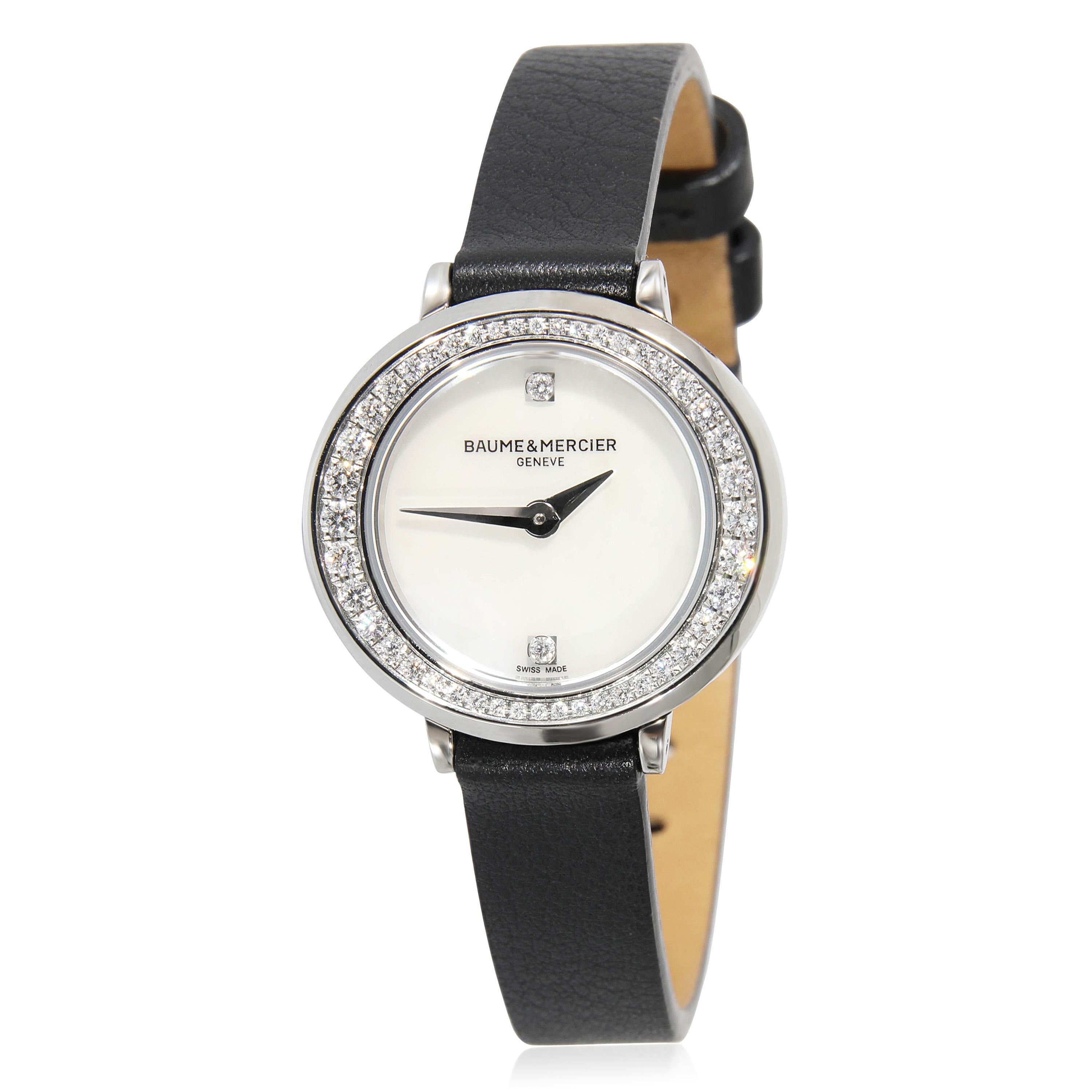 Baume & Mercier Petite Promeses MOA10290 Women's Watch in  Stainless Steel

SKU: 132217

PRIMARY DETAILS
Brand: Baume & Mercier
Model: Petite Promeses
Country of Origin: Switzerland
Movement Type: Quartz: Battery
Year of Manufacture: