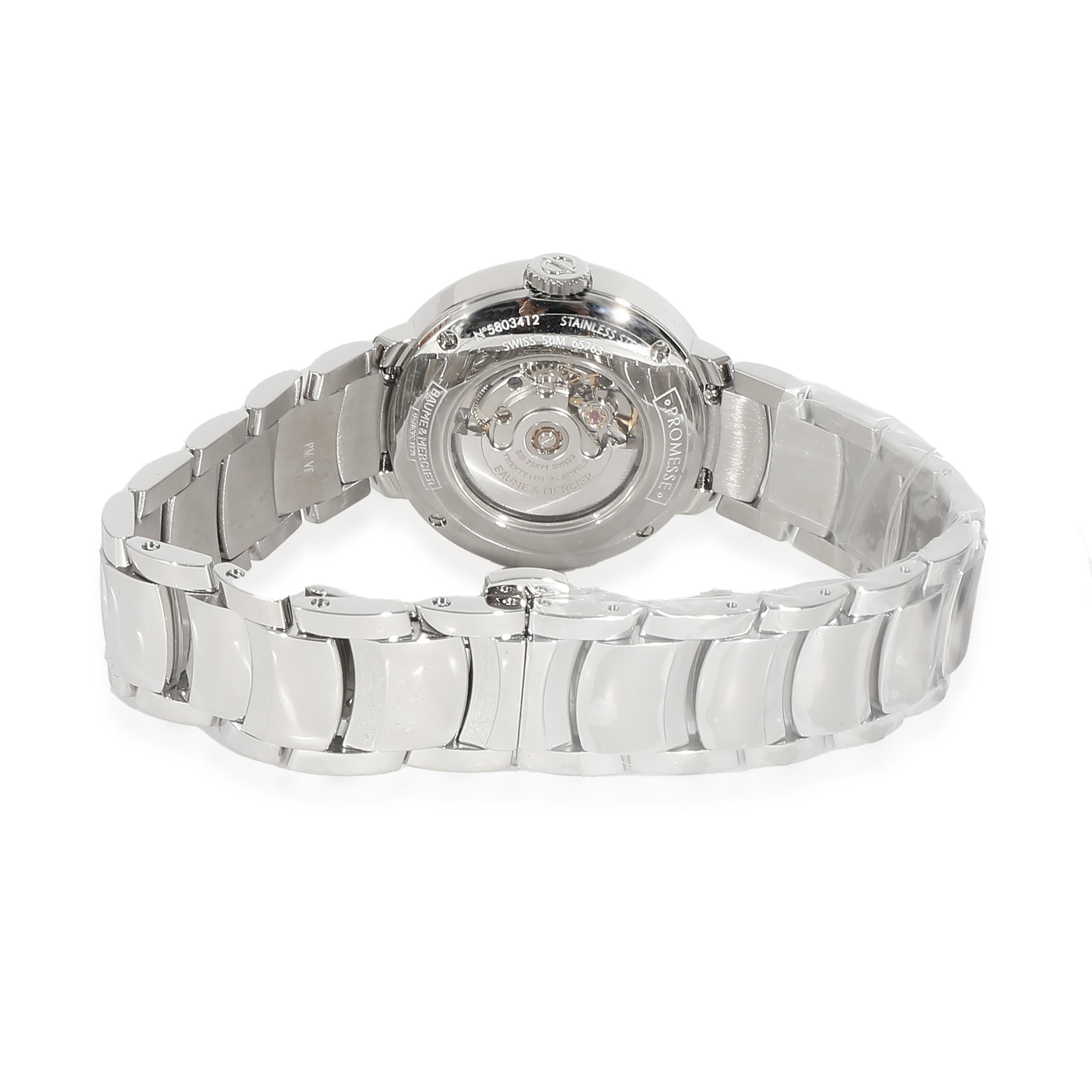 Baume & Mercier Promesse MOA10182 Women's Watch in  Stainless Steel

SKU: 136961

PRIMARY DETAILS
Brand: Baume & Mercier
Model: Promesse
Country of Origin: Switzerland
Movement Type: Mechanical: Automatic/Kinetic
Year of Manufacture: