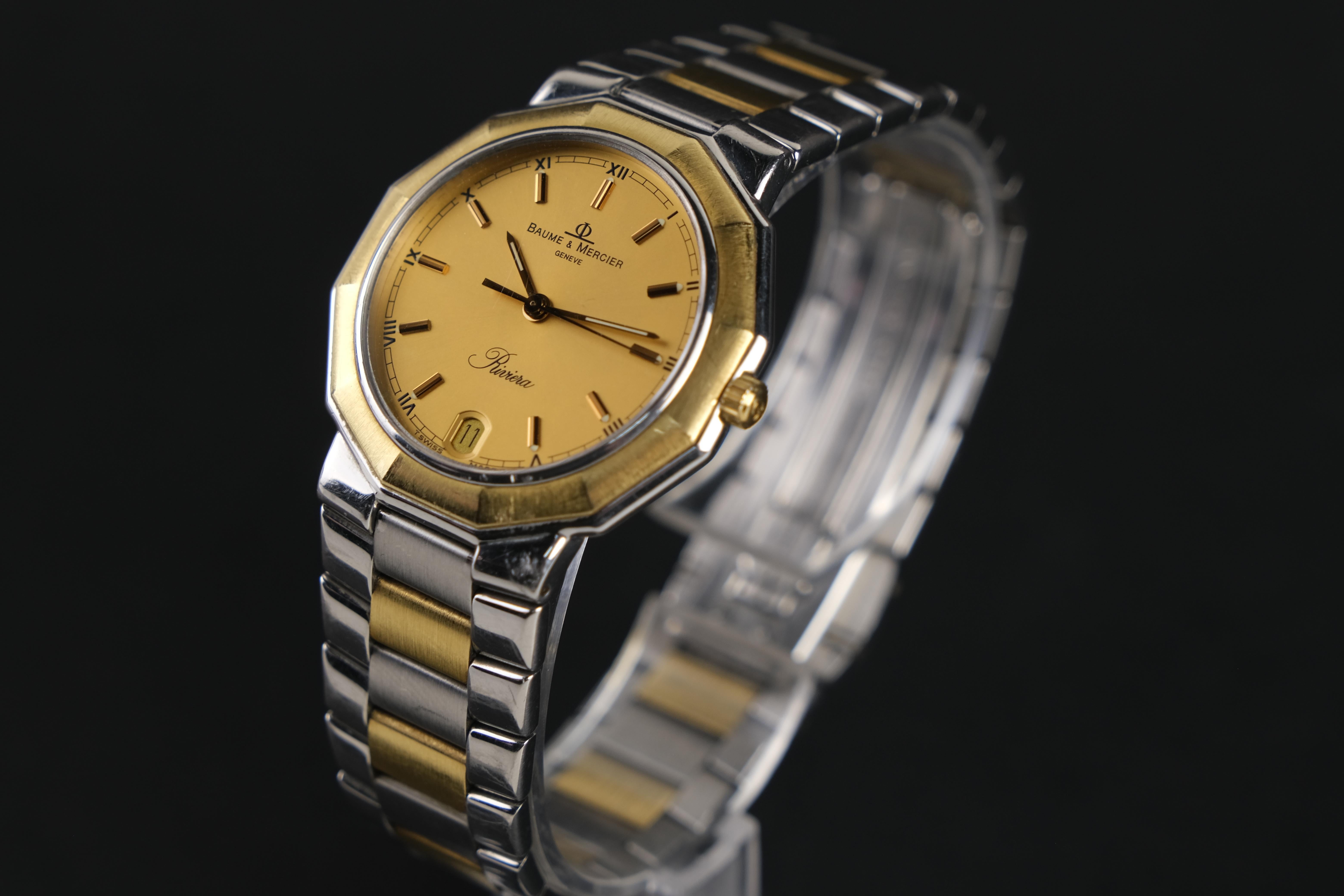 Baume & Mercier Riviera Montre-bracelet à quartz en or 18 carats et acier inoxydable Unisexe en vente