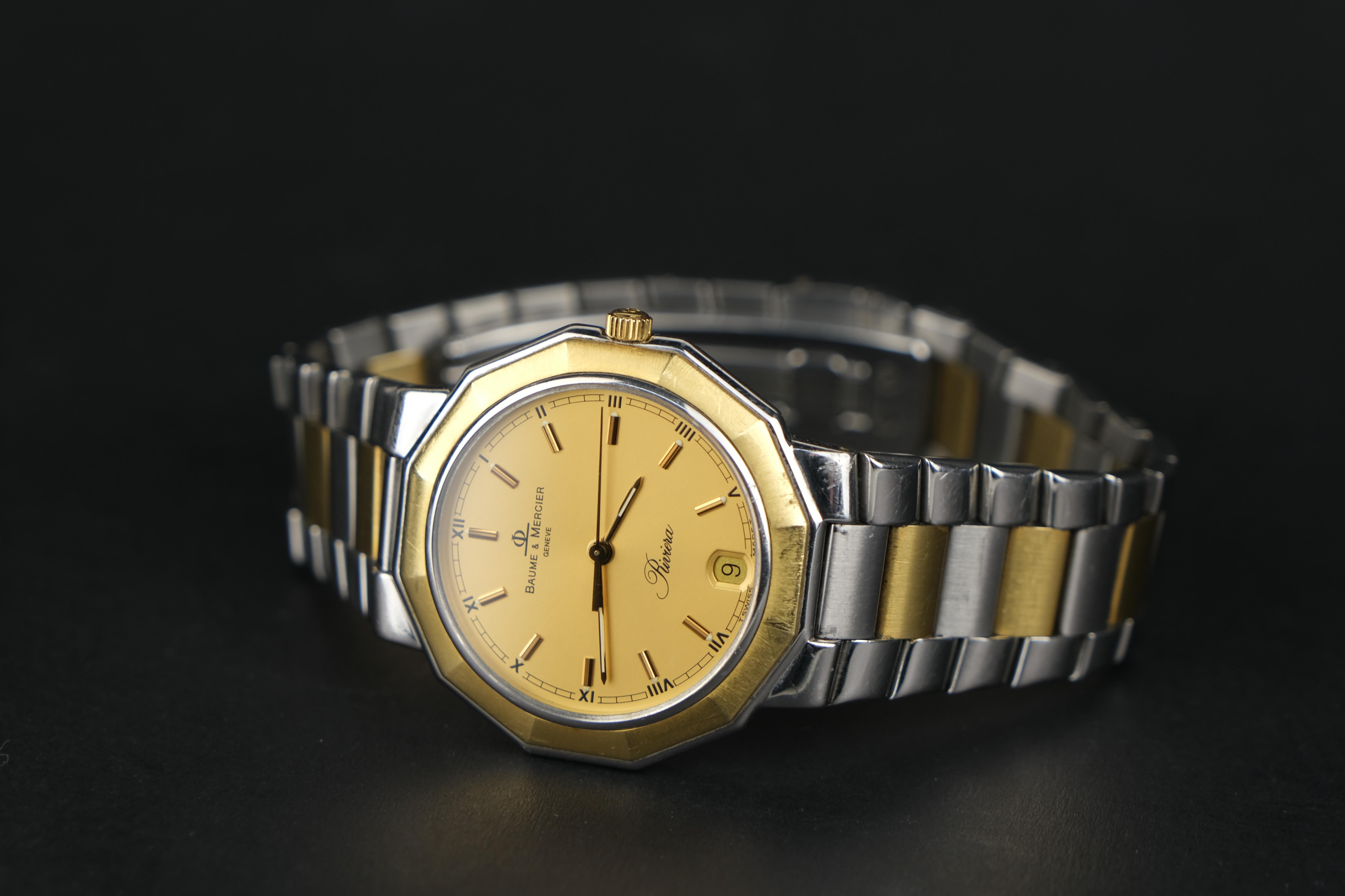 Baume & Mercier Riviera 18 Karat Gold and Stainless Steel Quartz Wristwatch In Good Condition For Sale In Bradford, Ontario
