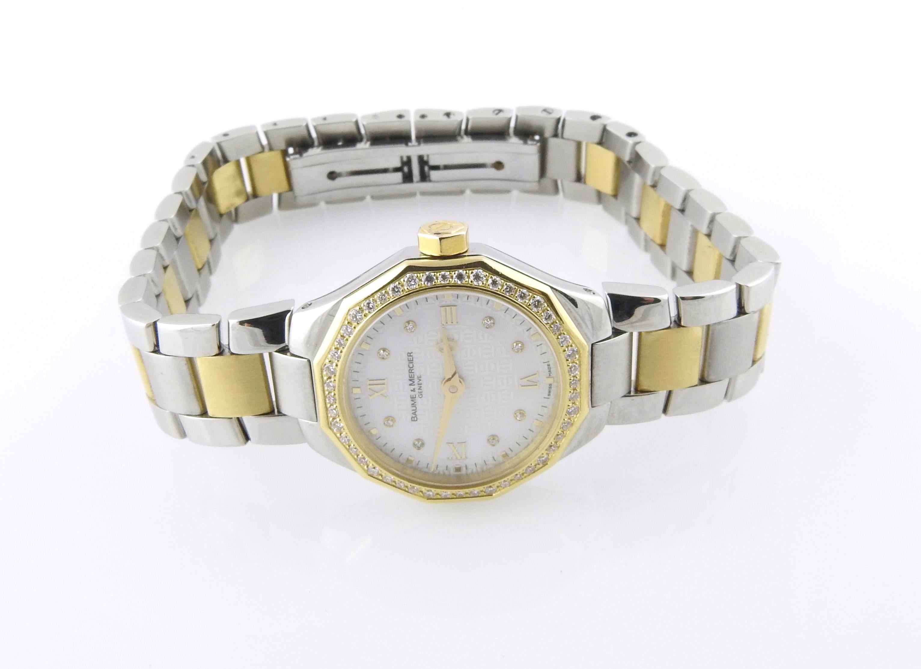 Baume & Mercier Riviera Mini Ladies Watch

Model: MOA08550
Serial: 65508

Stainless steel case with 18K yellow gold diamond bezel - 22mm

Two tone bracelet - fits up to 6 3/4